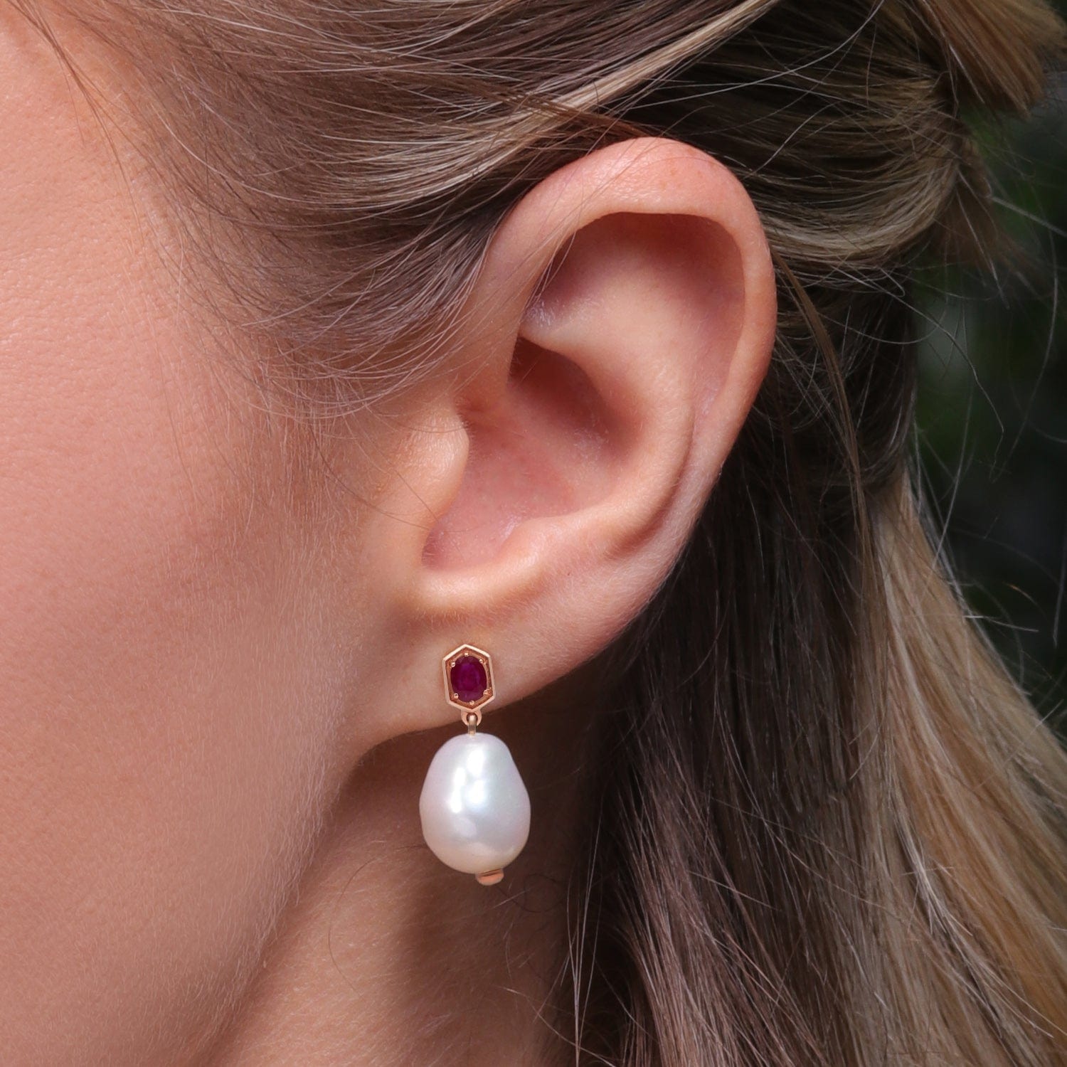 Modern Baroque Pearl & Ruby Drop Earrings in Rose Gold Plated Silver - Gemondo