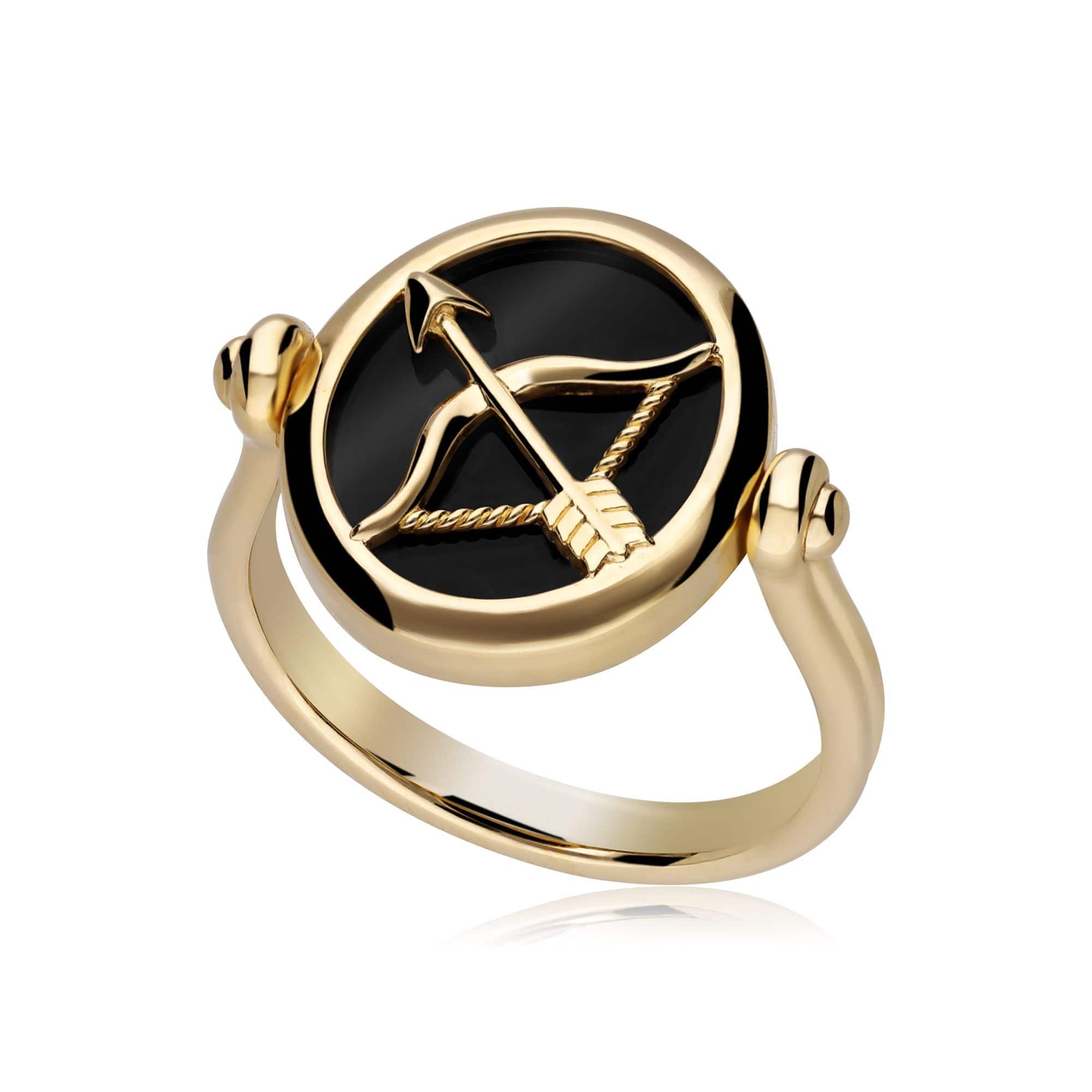 Zodiac Black Onyx Sagittarius Flip Ring in 18ct Gold Plated Silver - Gemondo