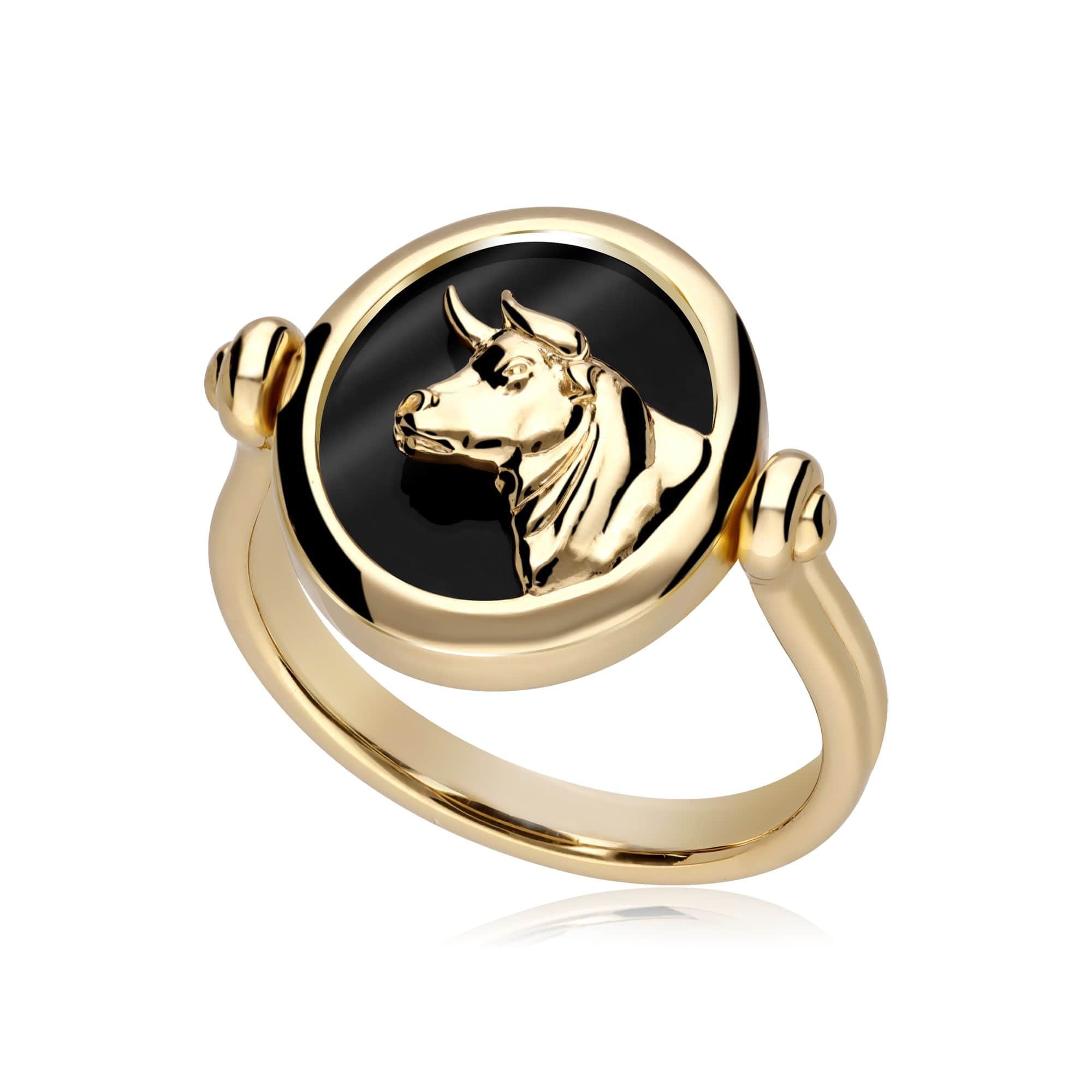 Zodiac Black Onyx Taurus Flip Ring in 18ct Gold Plated Silver - Gemondo