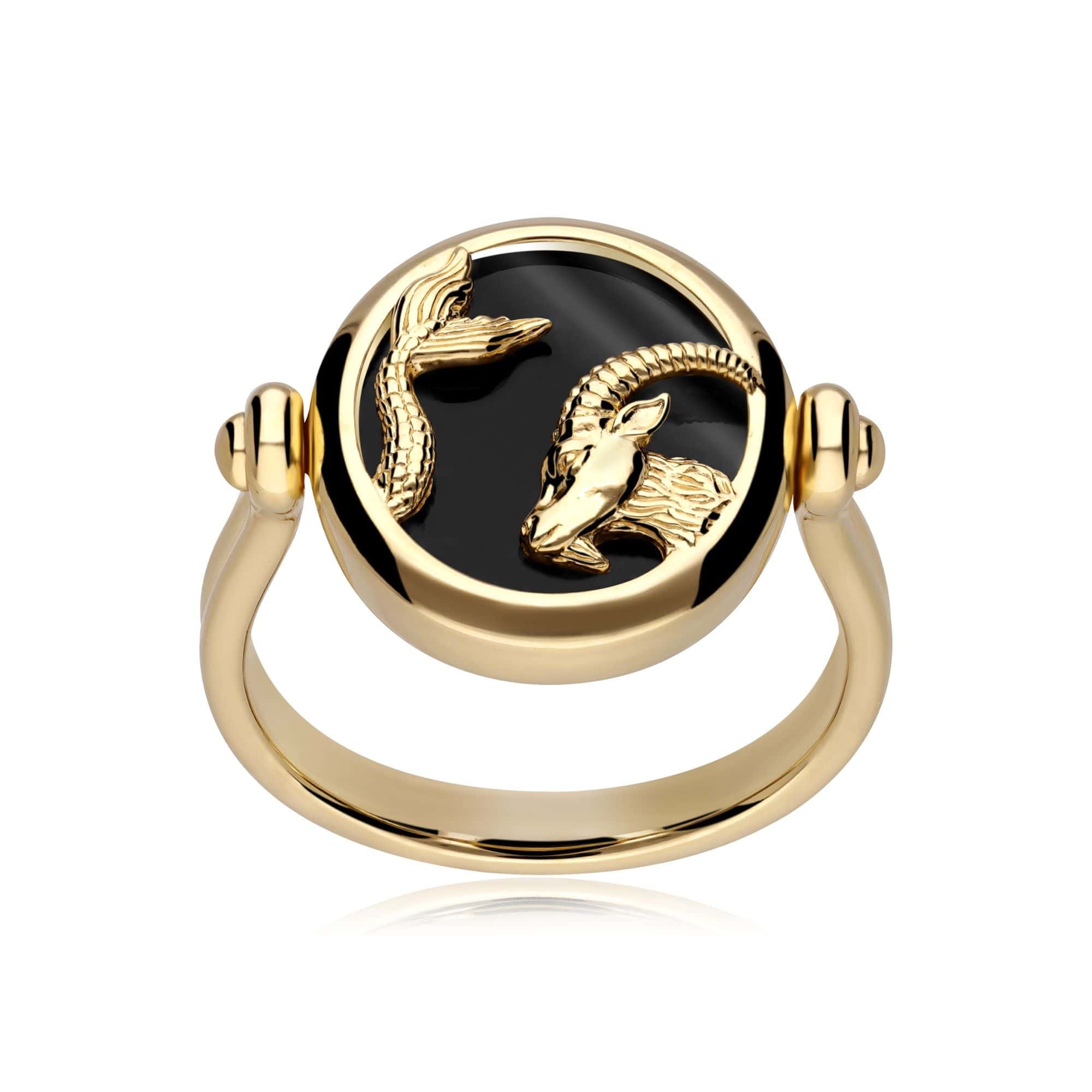 Zodiac Black Onyx Capricorn Flip Ring in 18ct Gold Plated Silver - Gemondo