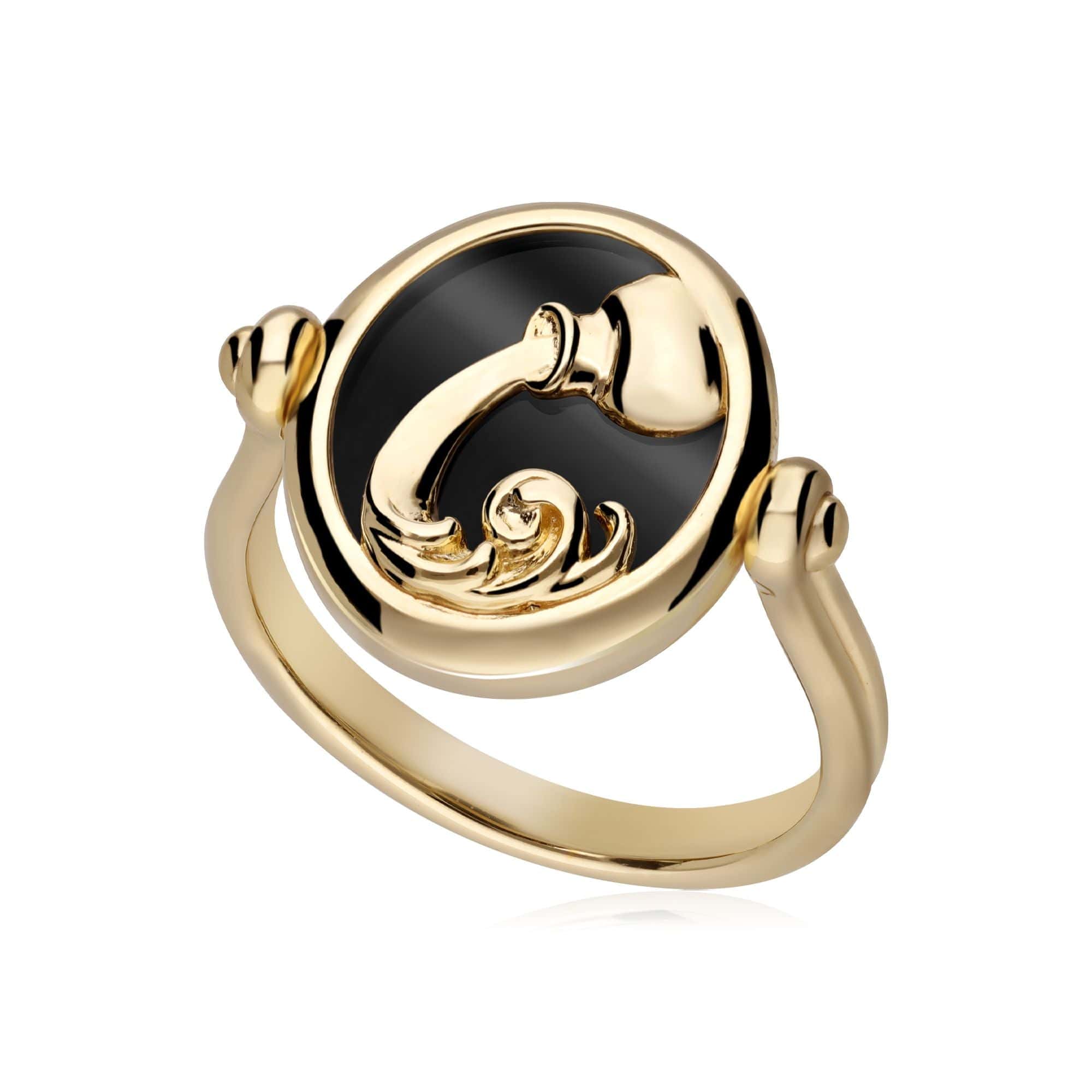 Zodiac Black Onyx Aquarius Flip Ring in 18ct Gold Plated Silver