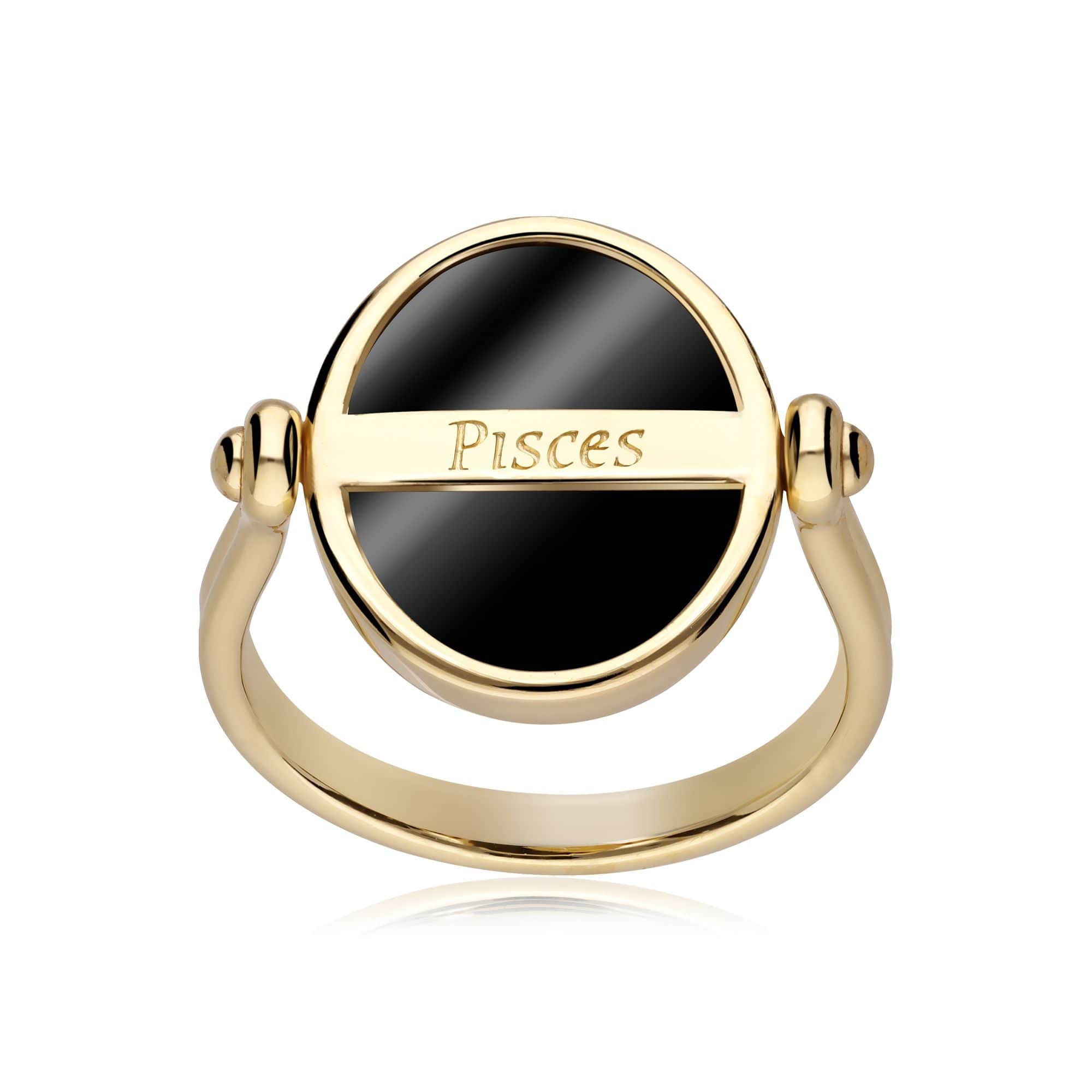 Zodiac Black Onyx Pisces Flip Ring in 18ct Gold Plated Silver - Gemondo