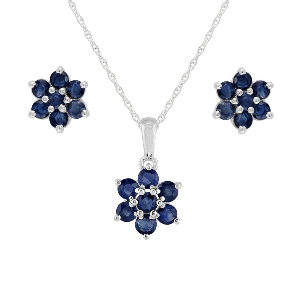 Floral Sapphire Cluster Stud Earrings & Pendant Set Image 1