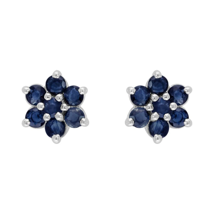 Floral Round Sapphire & Diamond Cluster Stud Earrings in 925 Sterling Silver