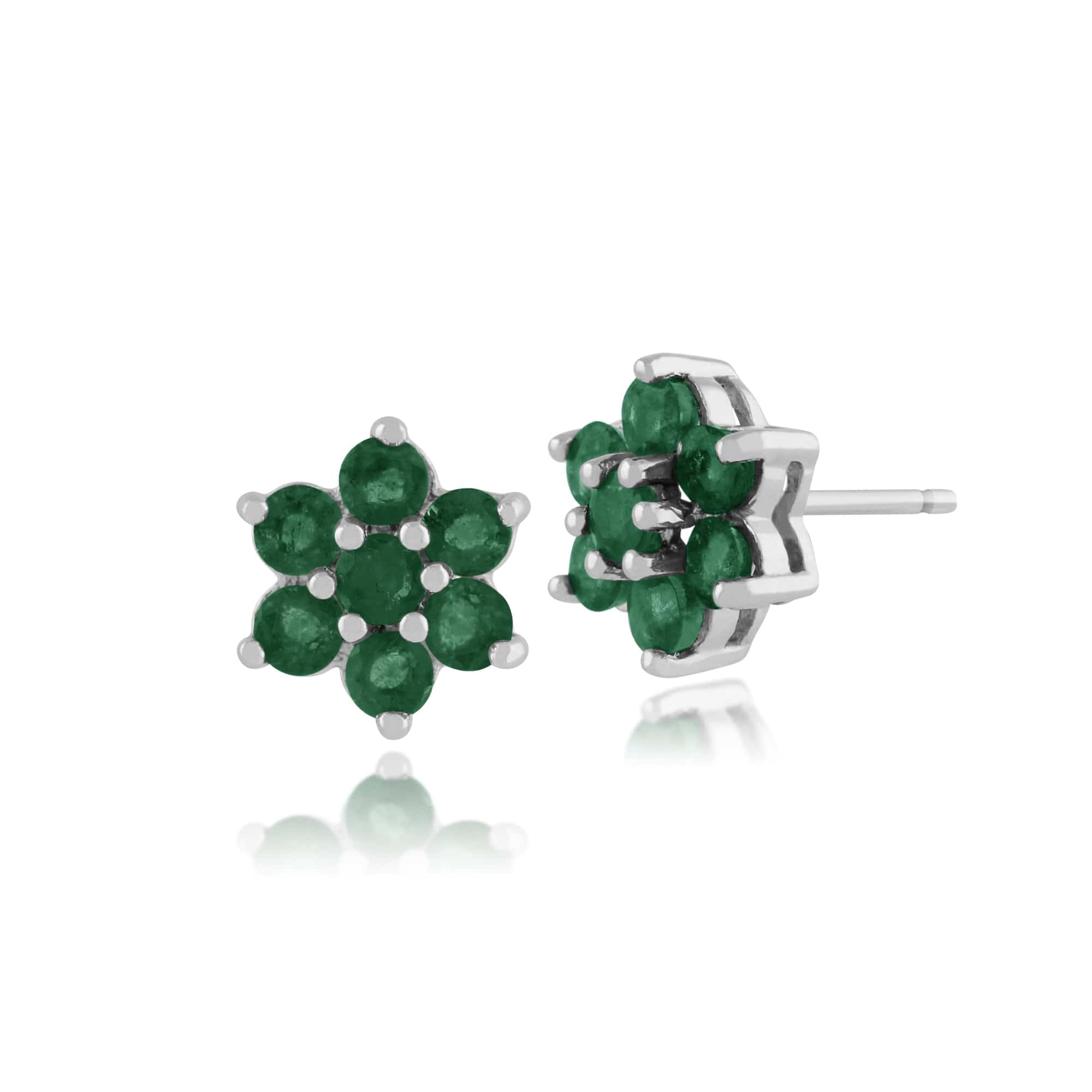 Floral Round Emerald Cluster Stud Earrings in 925 Sterling Silver - Gemondo