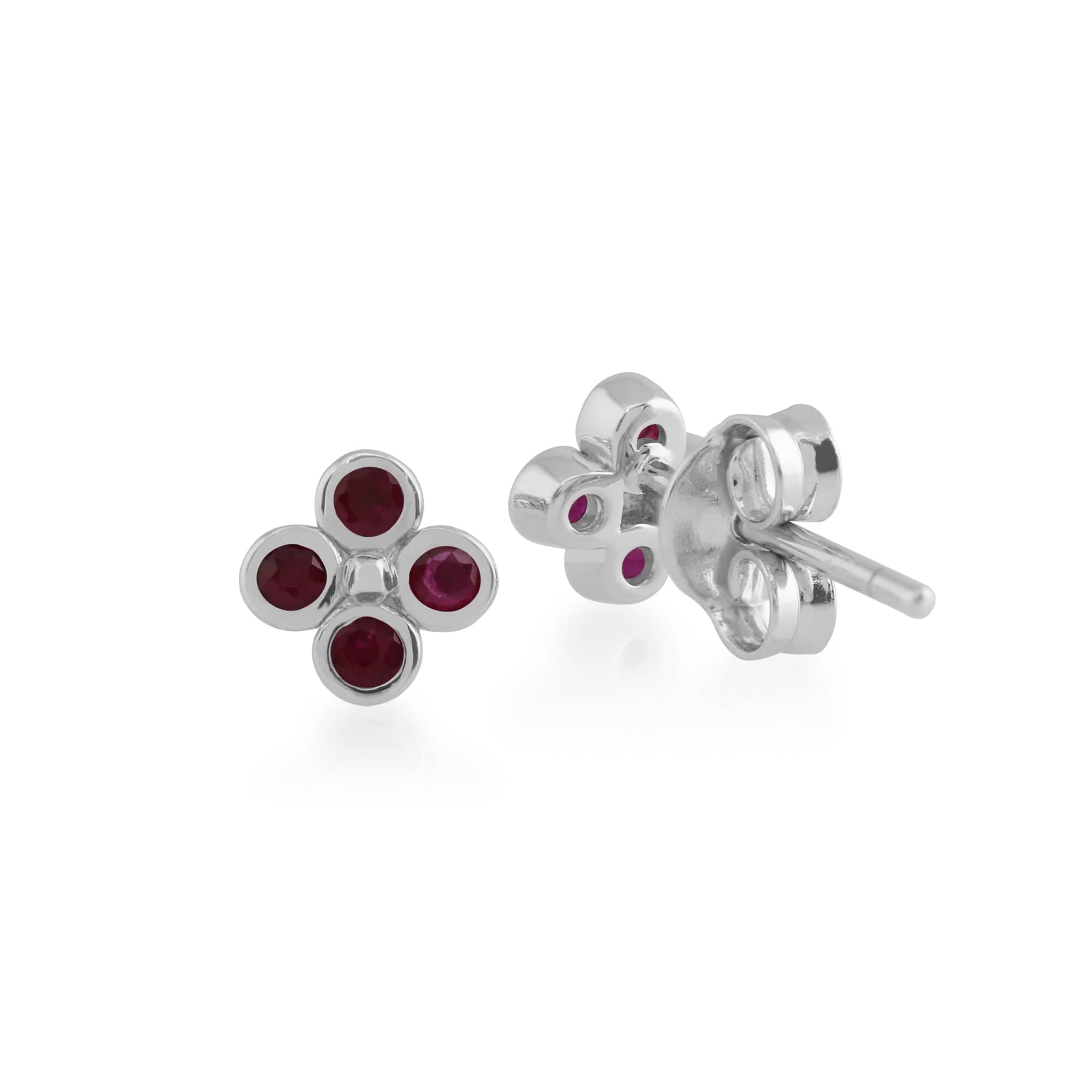 270E020402925 Floral Round Ruby Bezel Set Clover Stud Earrings in 925 Sterling Silver 2