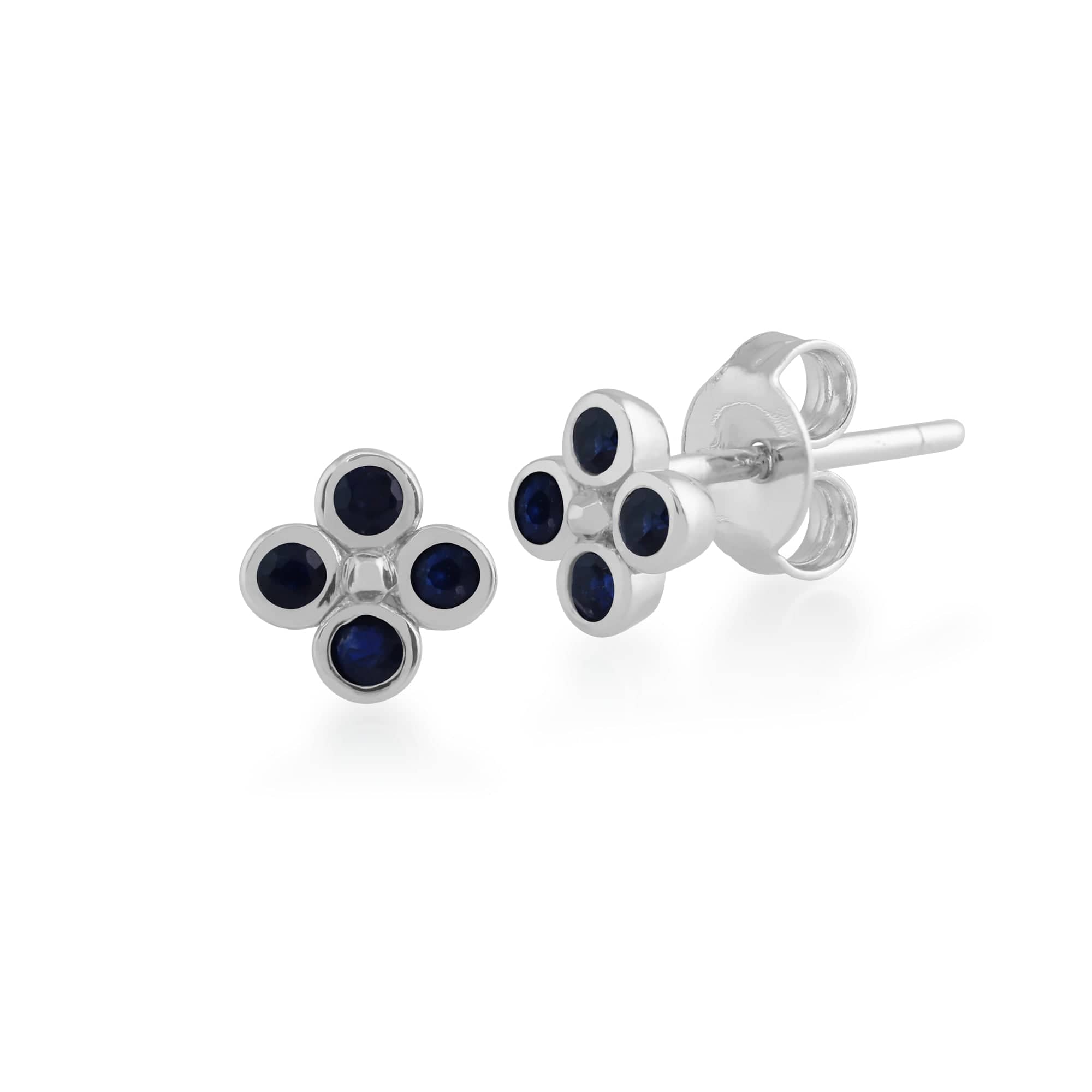Floral Round Sapphire Clover Stud Earrings & Pendant Set in 925 Sterling Silver - Gemondo