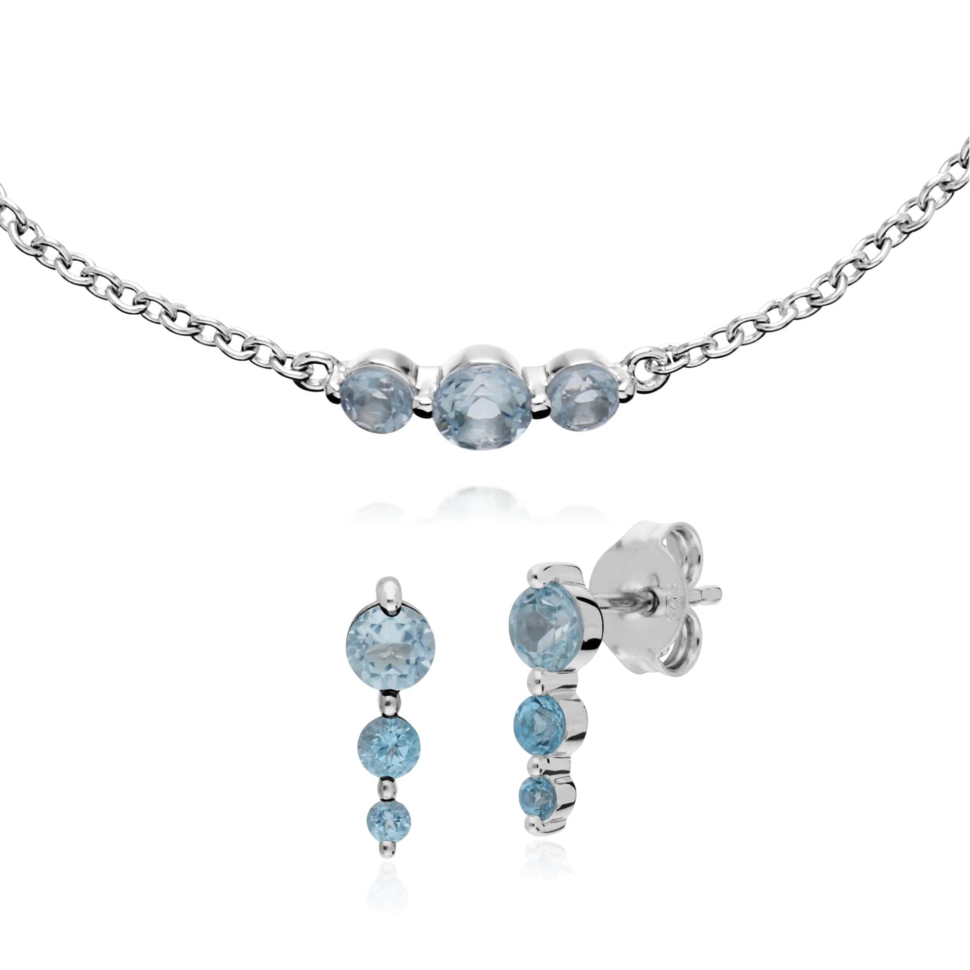 270E025501925-270L011101925 Classic Round Blue Topaz Three Stone Gradient Earrings & Bracelet Set in 925 Sterling Silver 1