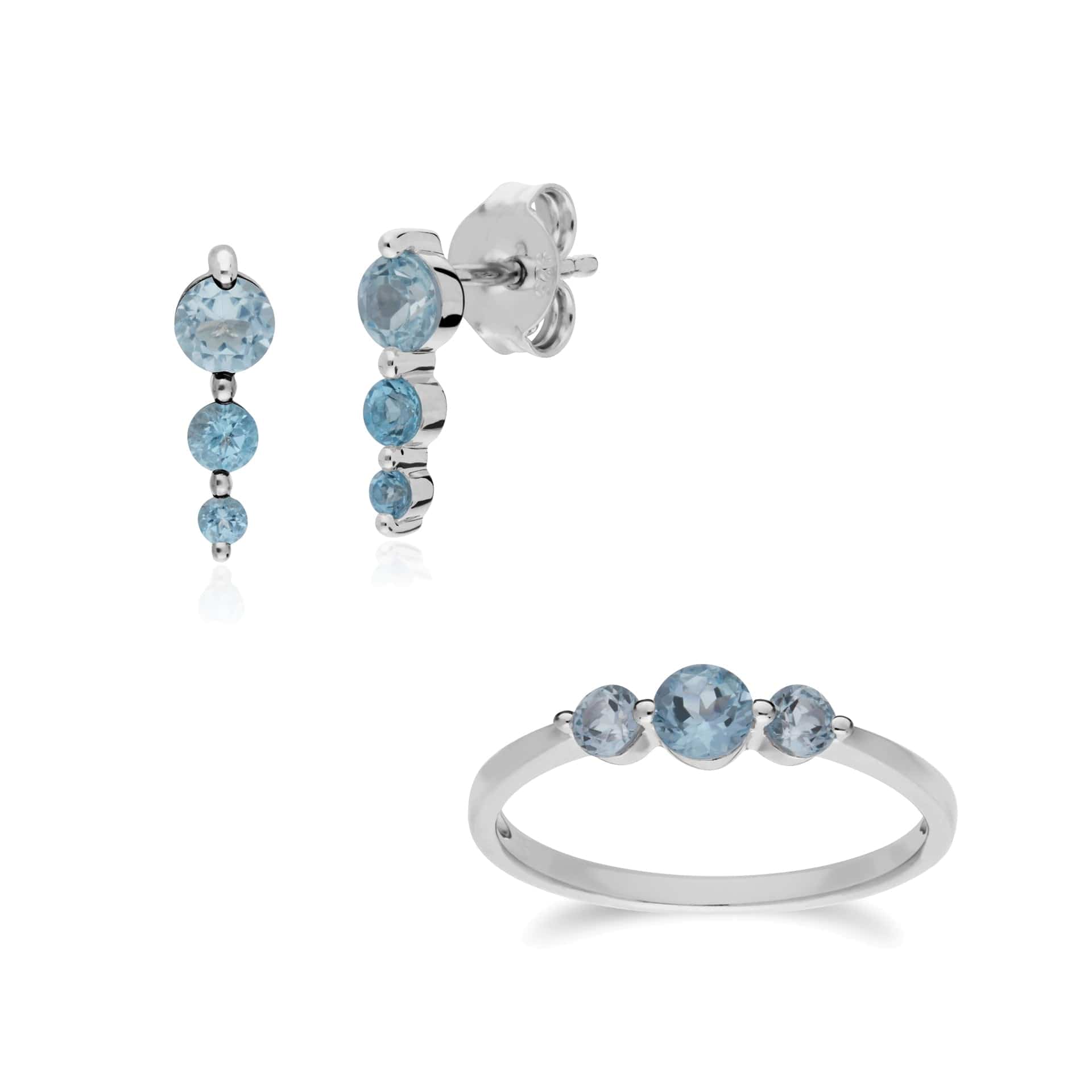 270E025501925-270R056001925 Classic Round Blue Topaz Three Stone Gradient Earrings & Ring Set in 925 Sterling Silver 1