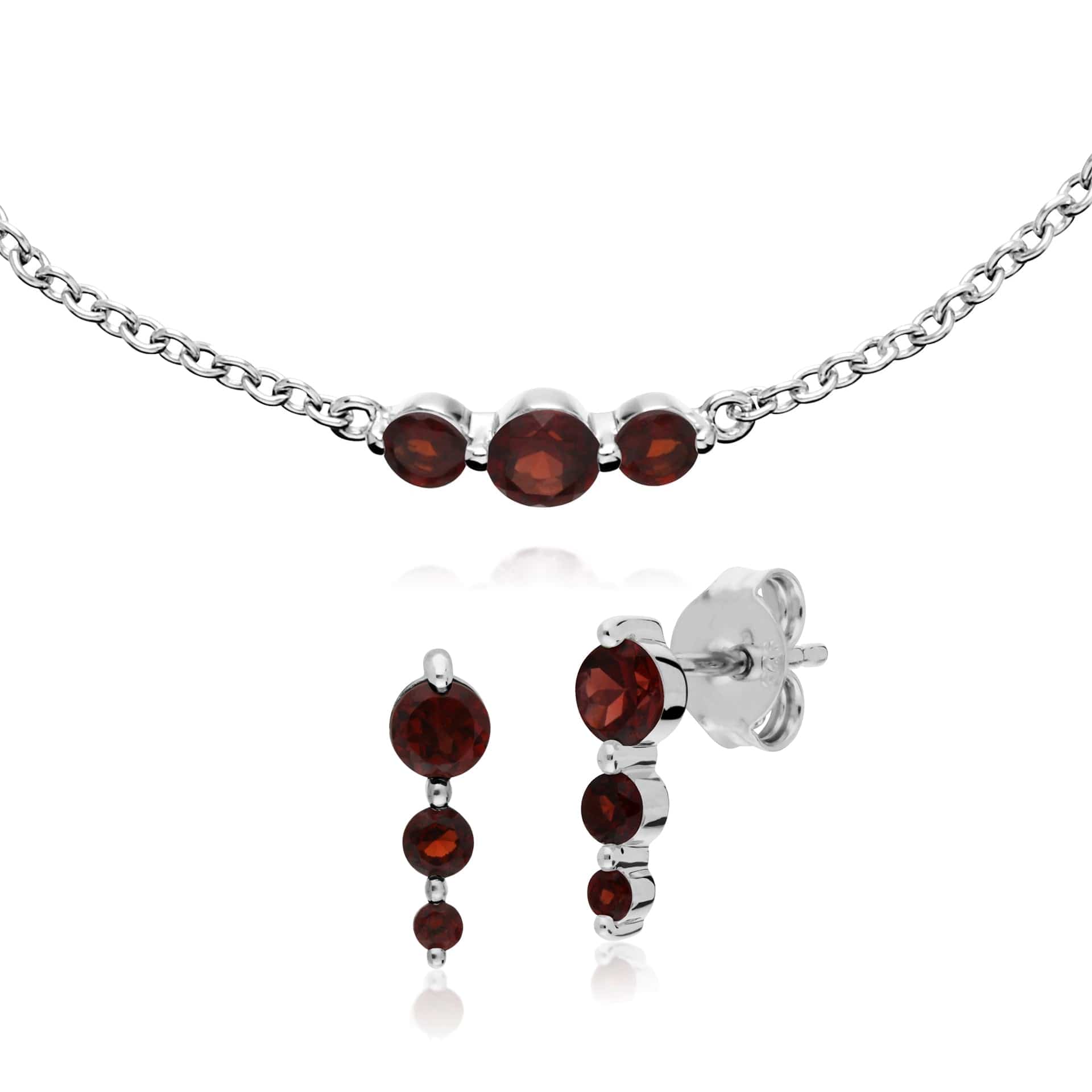 270E025502925-270L011102925 Classic Round Garnet Three Stone Gradient Earrings & Bracelet Set 1