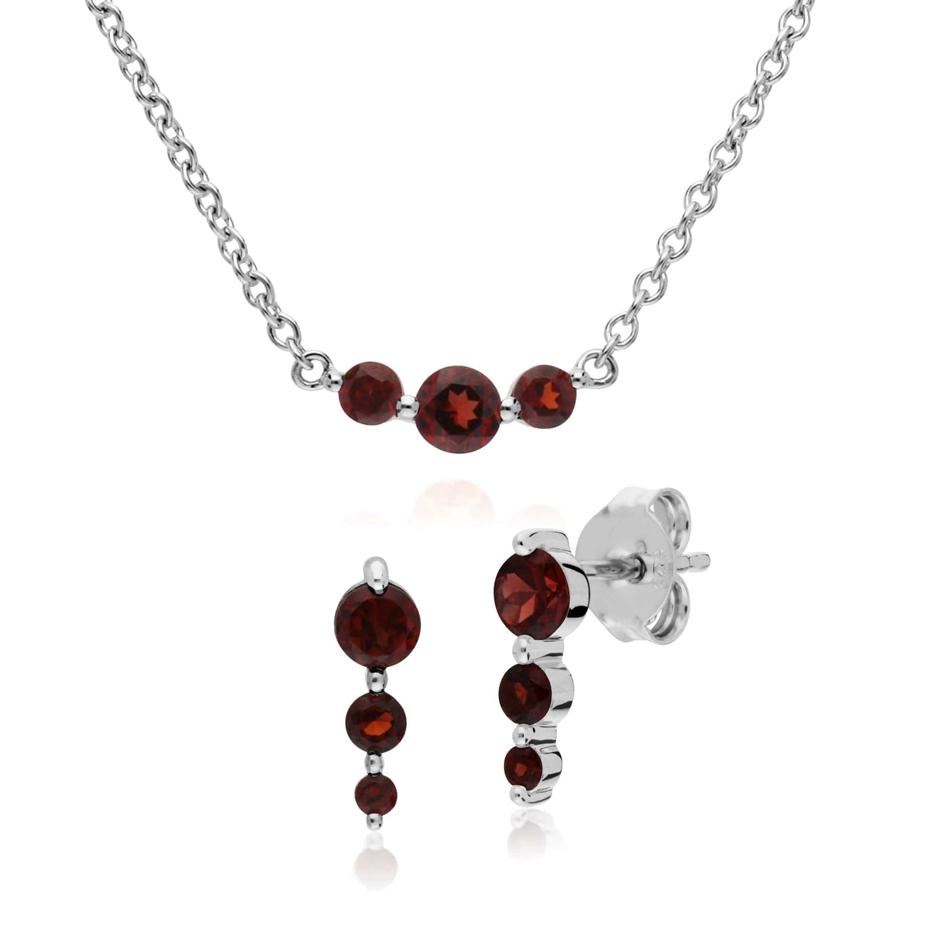 270E025502925-270N034202925 Classic Round Garnet Three Stone Gradient Earrings & Necklace Set in 925 Sterling Silver 1