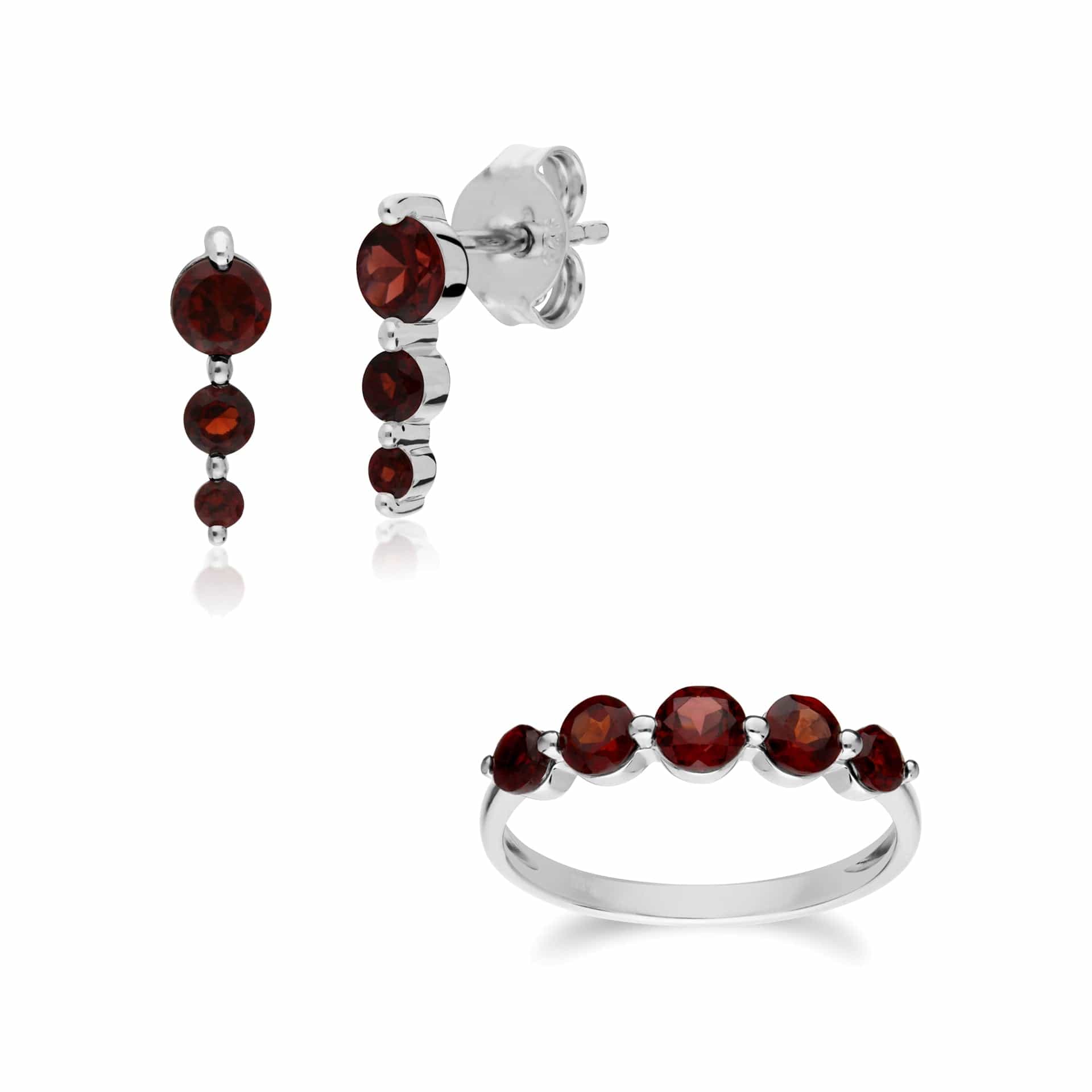 270E025502925-270R055902925 Classic Round Garnet Three Stone Earrings & Five Stone Ring Set in 925 Sterling Silver 1