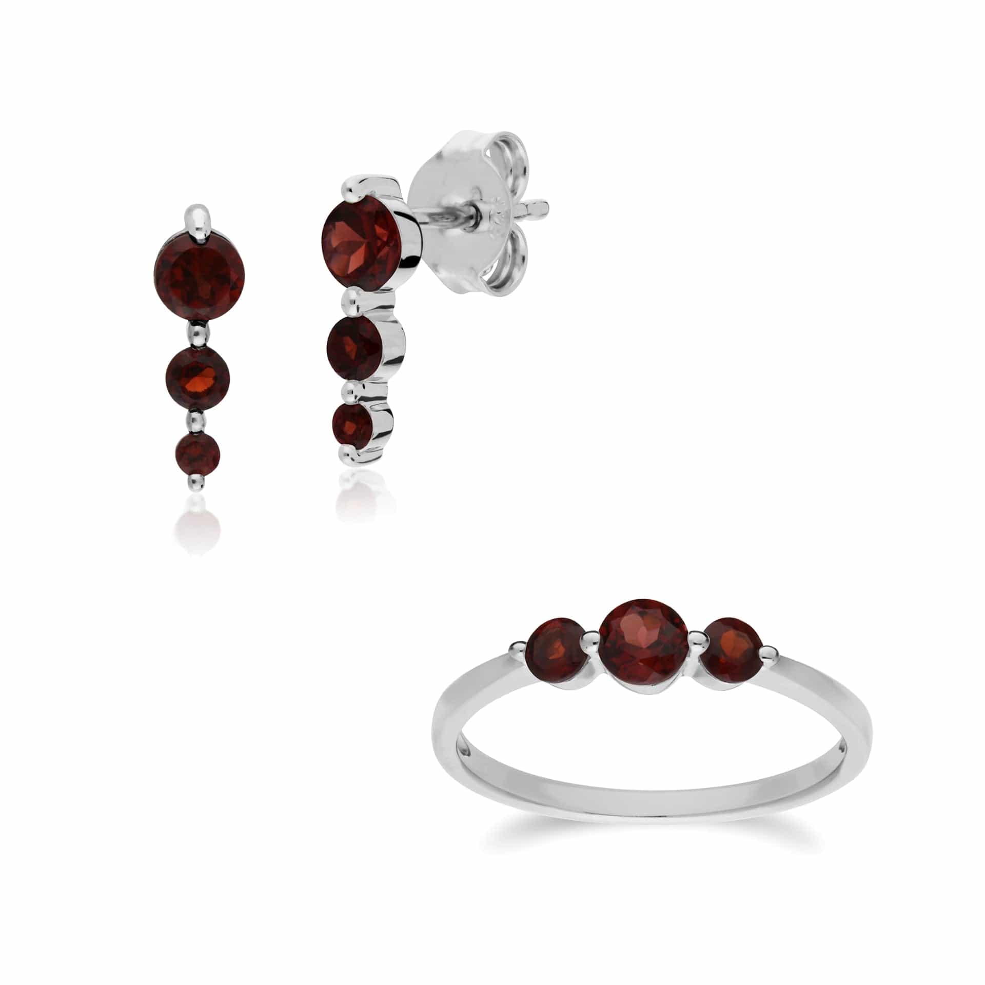 270E025502925-270R056002925 Classic Round Garnet Three Stone Gradient Earrings & Ring Set in 925 Sterling Silver 1