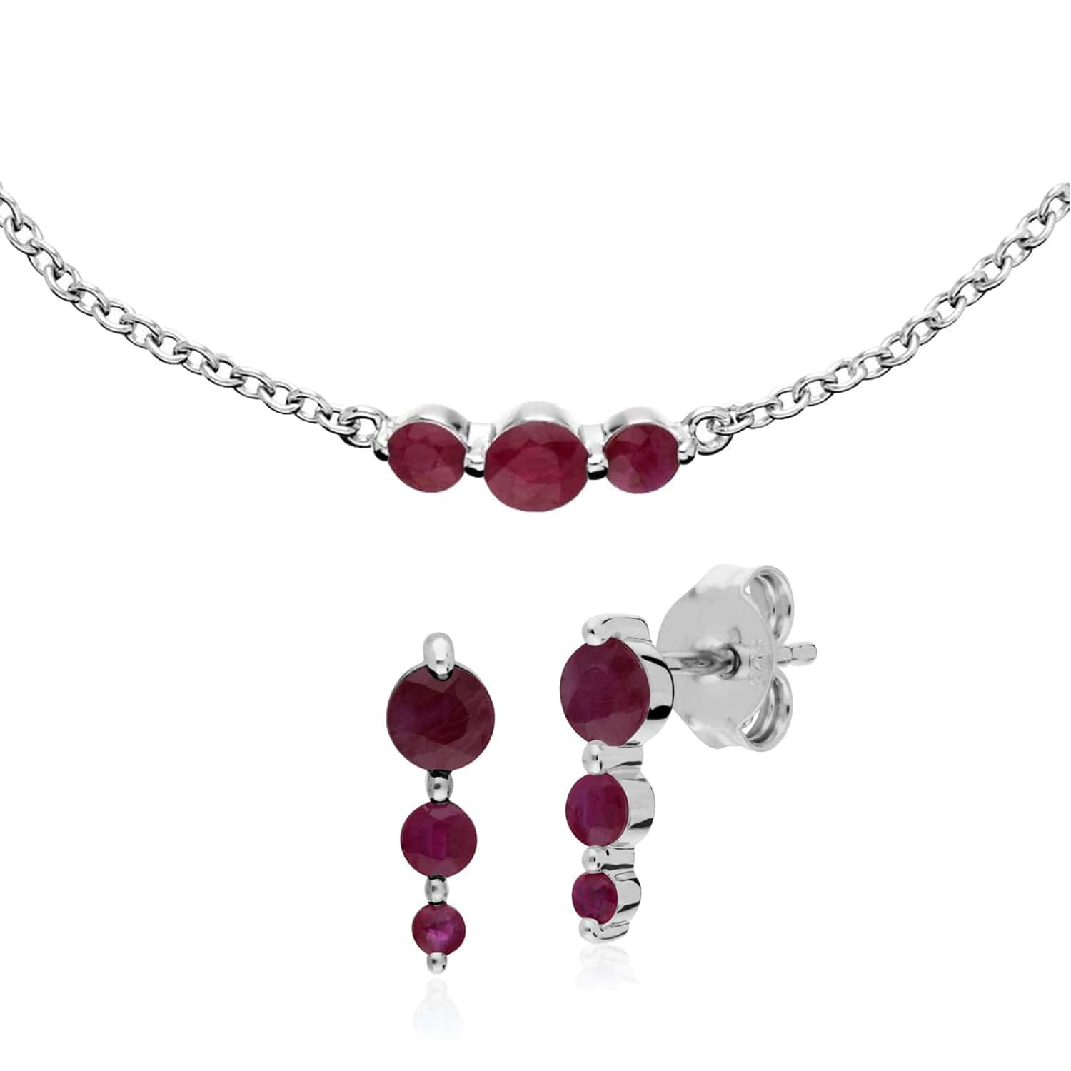 270E025505925-270L011105925 Classic Round Ruby Three Stone Gradient Earrings & Bracelet Set in 925 Sterling Silver 1