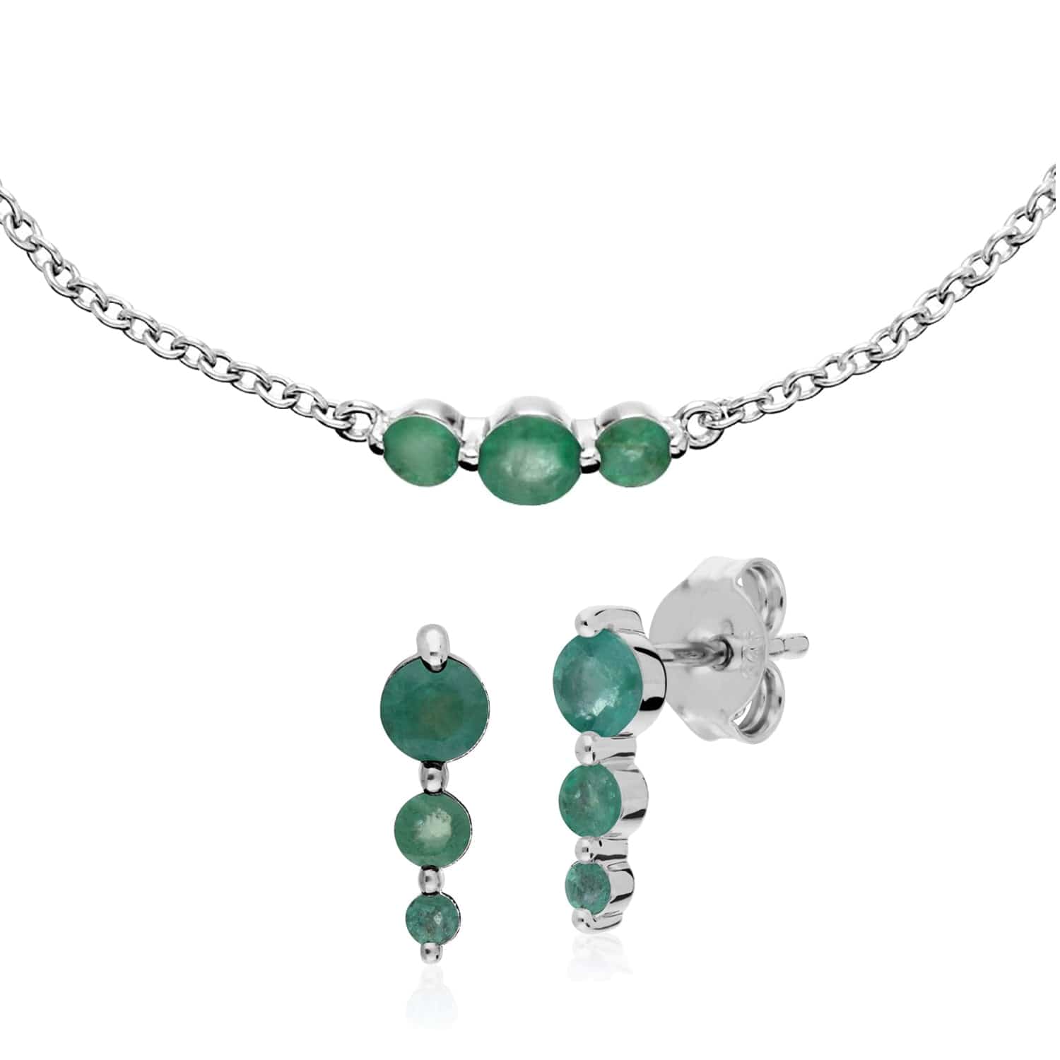 270E025507925-270L011107925 Classic Round Emerald Three Stone Gradient Earrings & Bracelet Set in 925 Sterling Silver 1