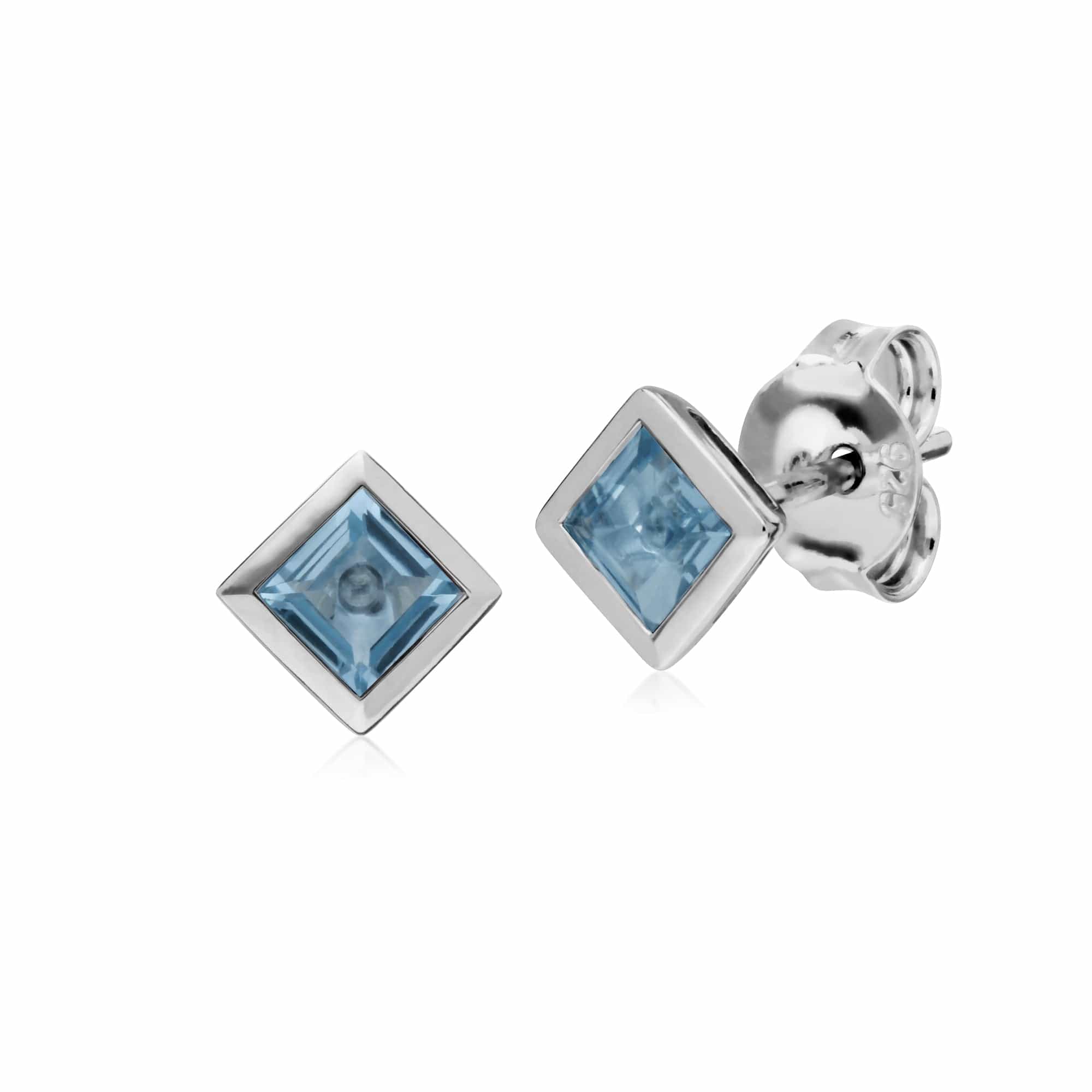 270E025703925 Classic Square Blue Topaz Bezel Stud Earrings in 925 Sterling Silver 1