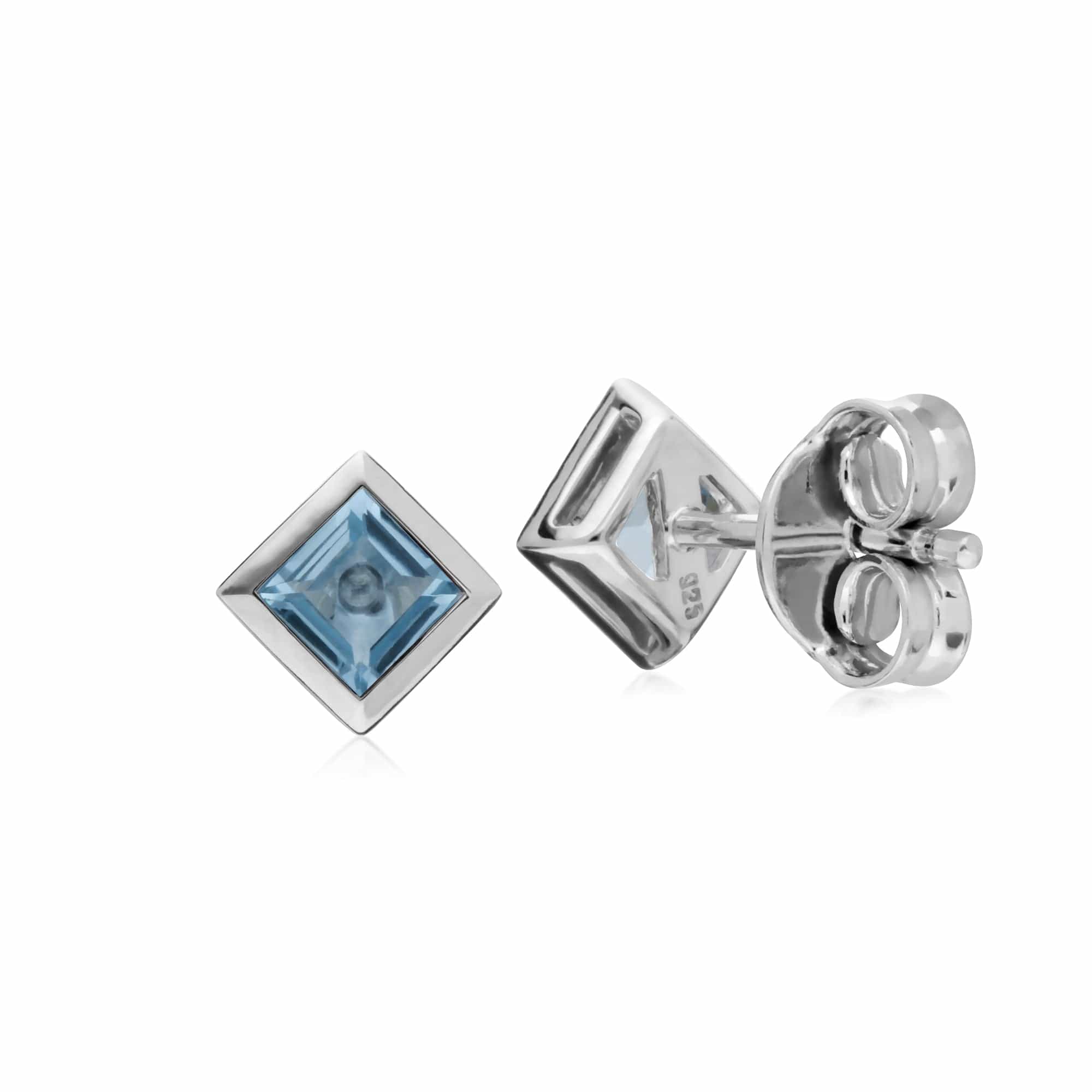 270E025703925 Classic Square Blue Topaz Bezel Stud Earrings in 925 Sterling Silver 2