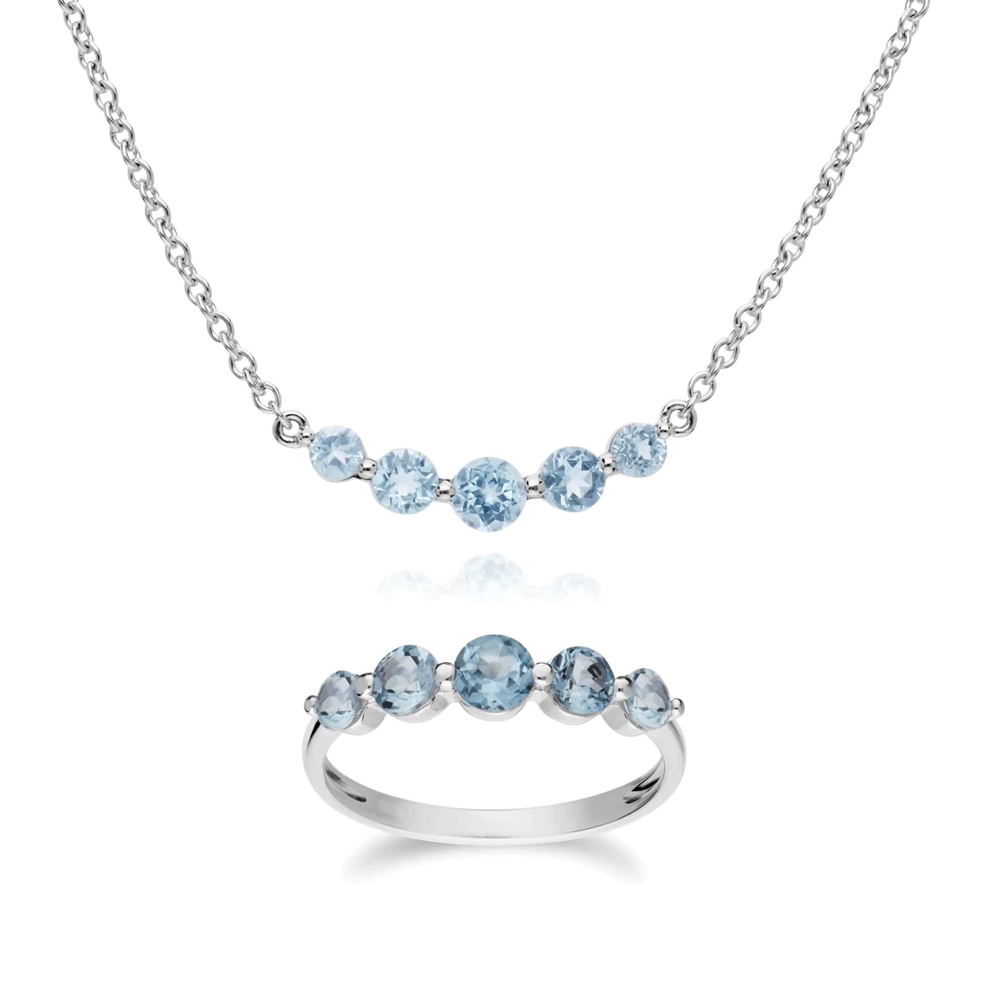 270N034101925-270R055901925 Classic Round Blue Topaz Five Stone Gradient Ring & Necklace Set in 925 Sterling Silver 1