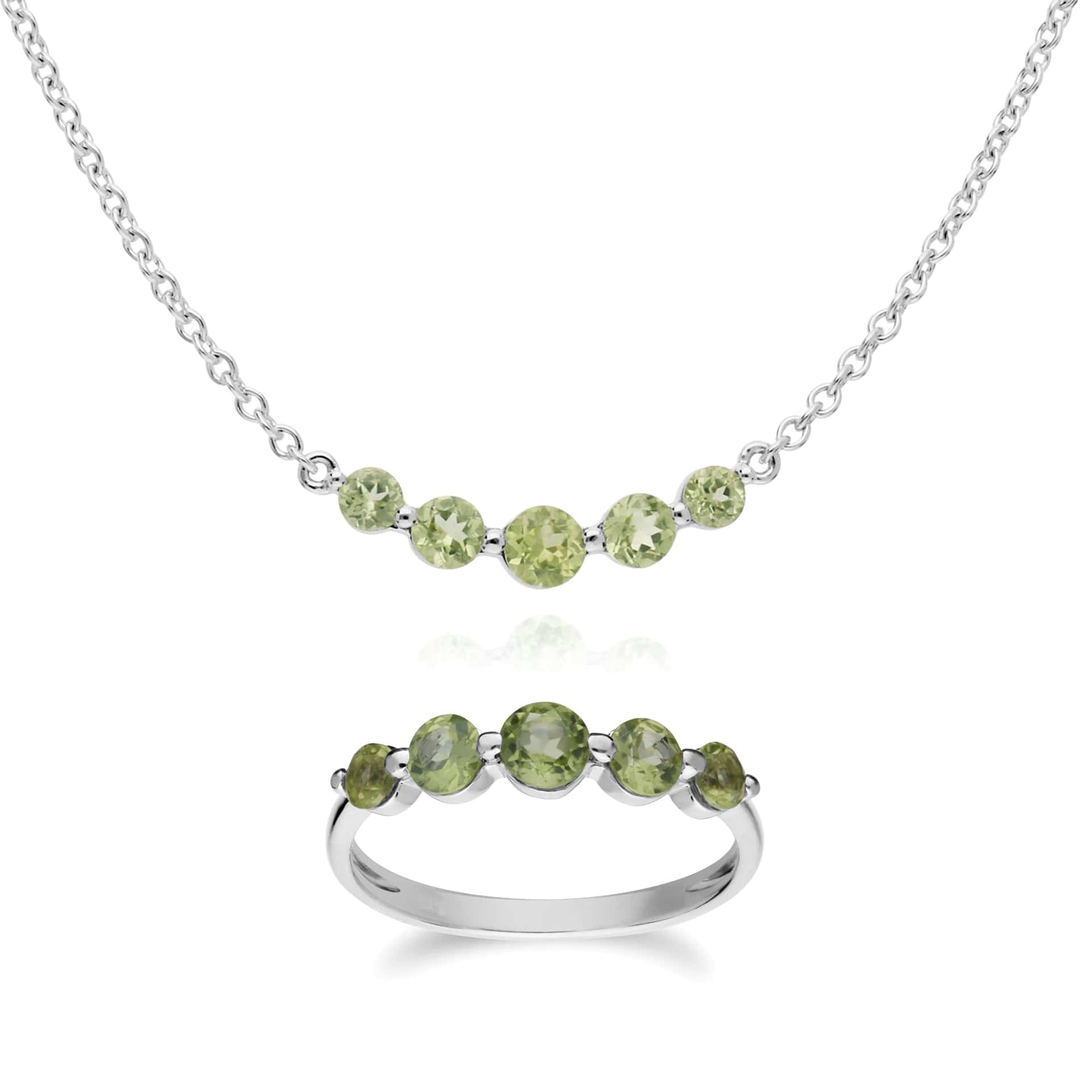 270N034104925-270R055904925 Classic Round Peridot Five Stone Gradient Ring & Necklace Set in 925 Sterling Silver 1