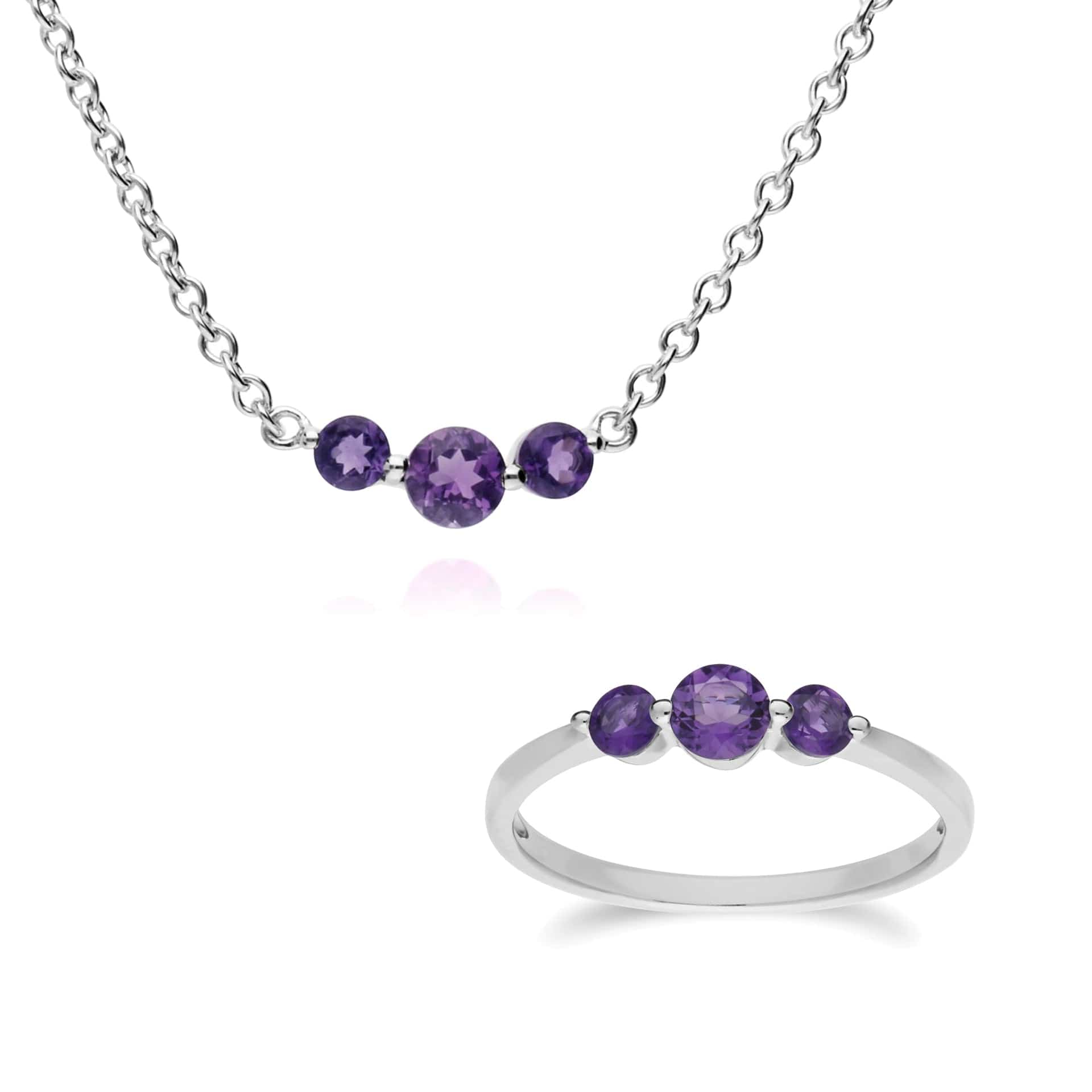 270N034203925-270R056003925 Classic Round Amethyst Three Stone Gradient Ring & Necklace Set in 925 Sterling Silver 1