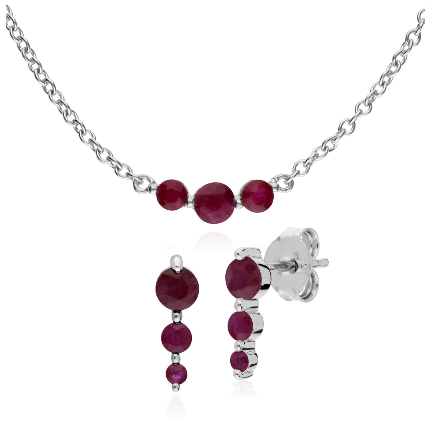 270E025505925-270N034205925 Classic Round Ruby Three Stone Gradient Earrings & Necklace Set in 925 Sterling Silver 1