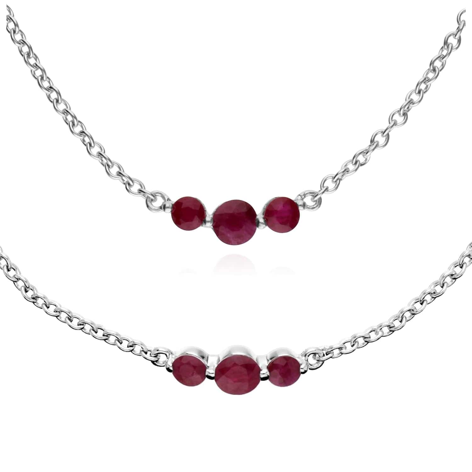 270N034205925-270L011105925 Classic Round Ruby Three Stone Gradient Bracelet & Necklace Set in 925 Sterling Silver 1