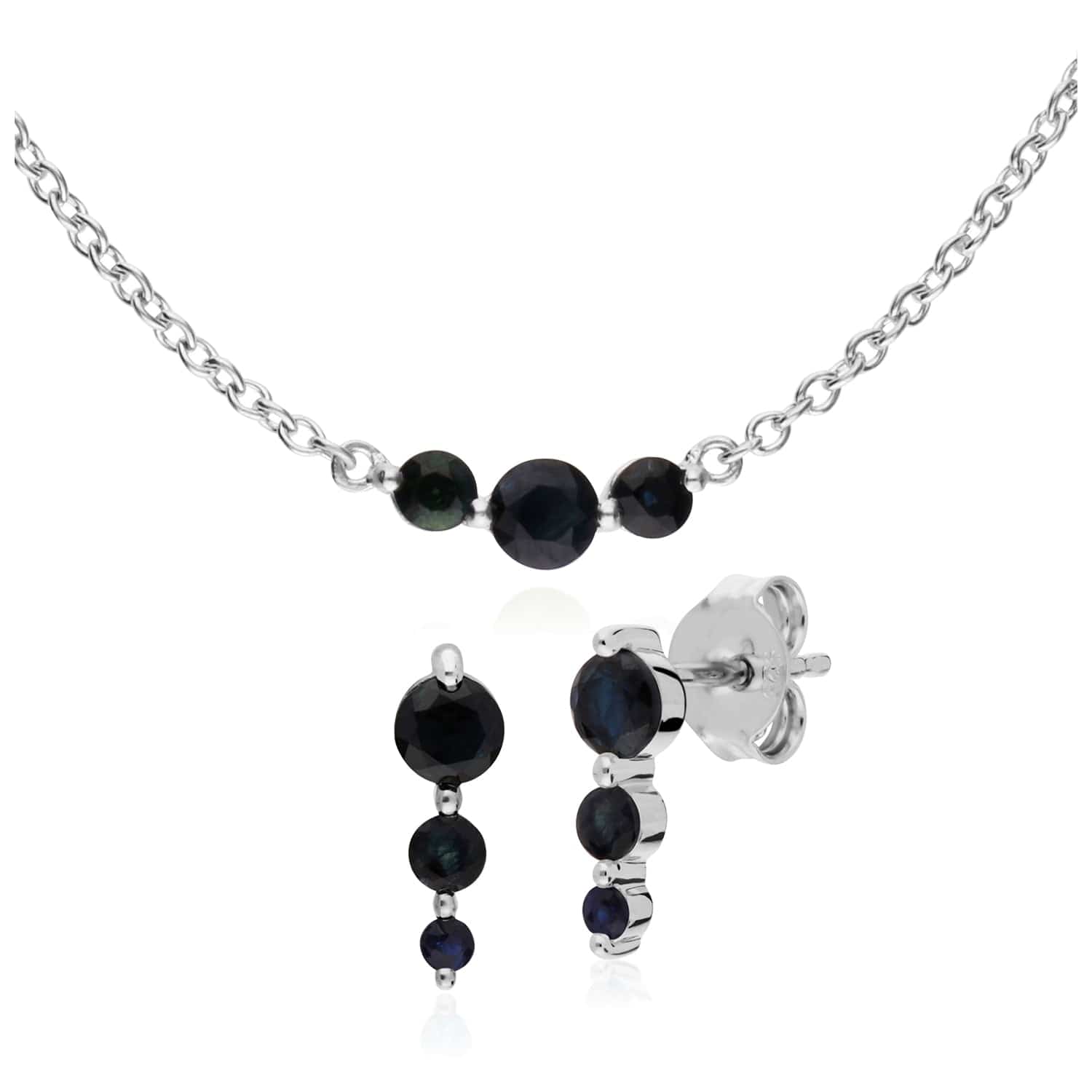 270E025506925-270N034206925 Classic Round Sapphire Three Stone Earrings & Necklace Set in 925 Sterling Silver 1