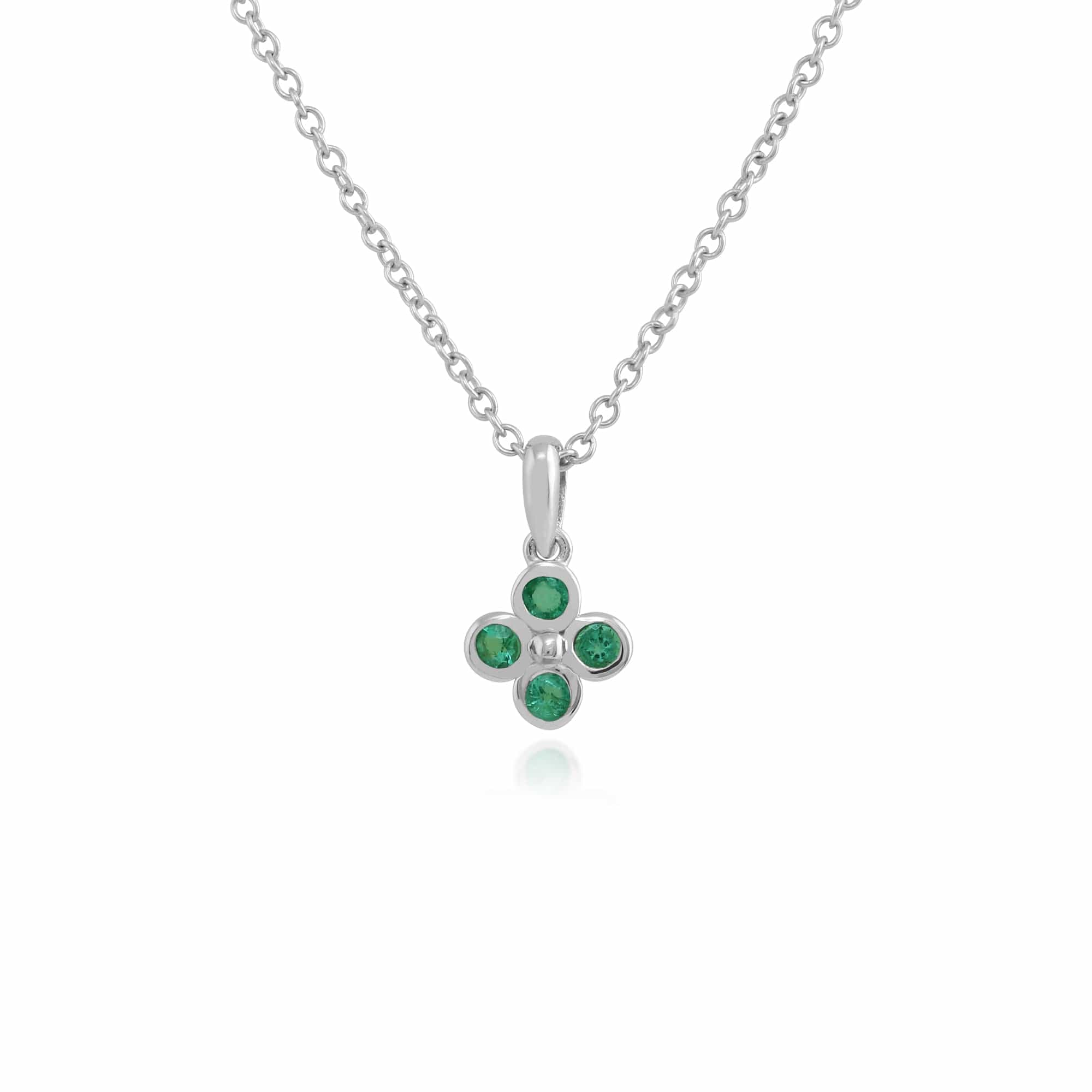 Floral Round Emerald Clover Stud Earrings & Pendant Set in 925 Sterling Silver - Gemondo