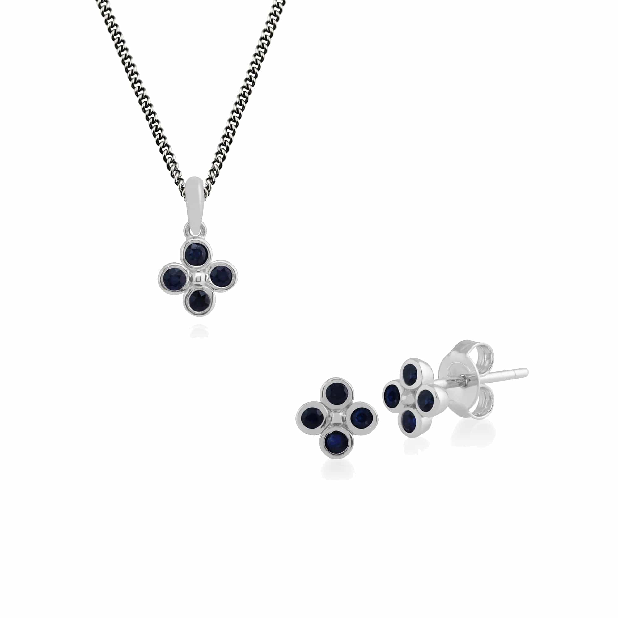 270E020403925-270P022003925 Floral Round Sapphire Clover Stud Earrings & Pendant Set in 925 Sterling Silver 1