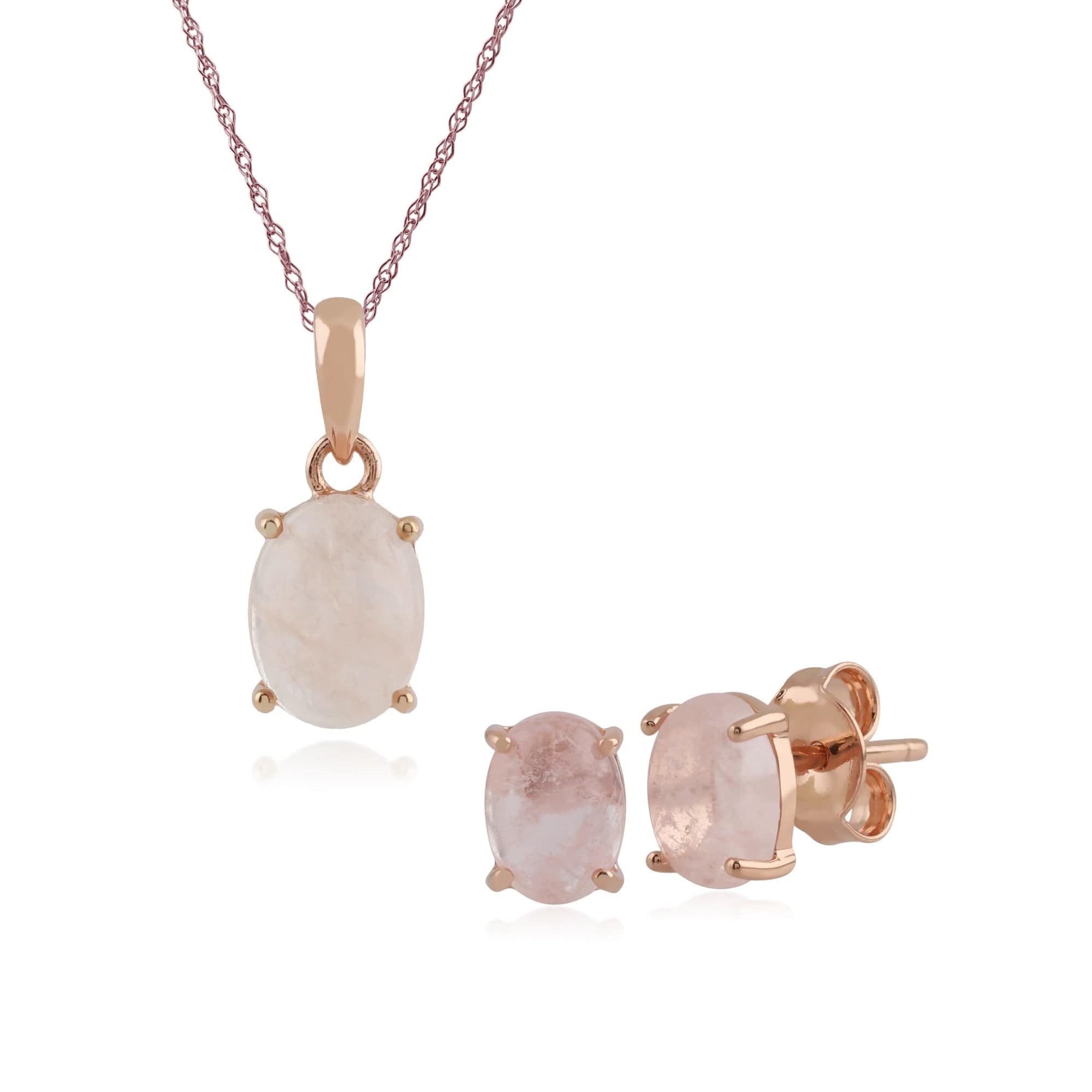 270E024001925-270P023901925 Rose Gold Plated Sterling Silver Milky Morganite Oval Stud Earrings & Necklace Set in 925 Sterling Silver 1