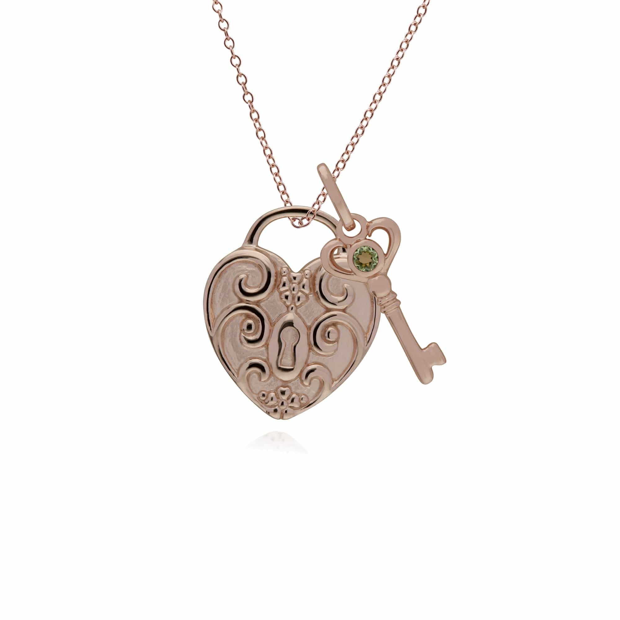 270P026307925-270P026501925 Classic Swirl Heart Lock Pendant & Peridot Key Charm in Rose Gold Plated 925 Sterling Silver 1