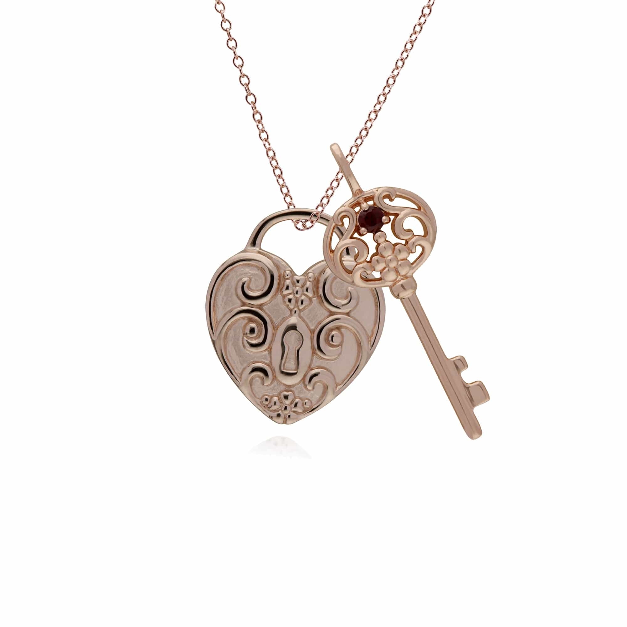 270P026707925-270P026501925 Classic Swirl Heart Lock Pendant & Garnet Big Key Charm in Rose Gold Plated 925 Sterling Silver 1