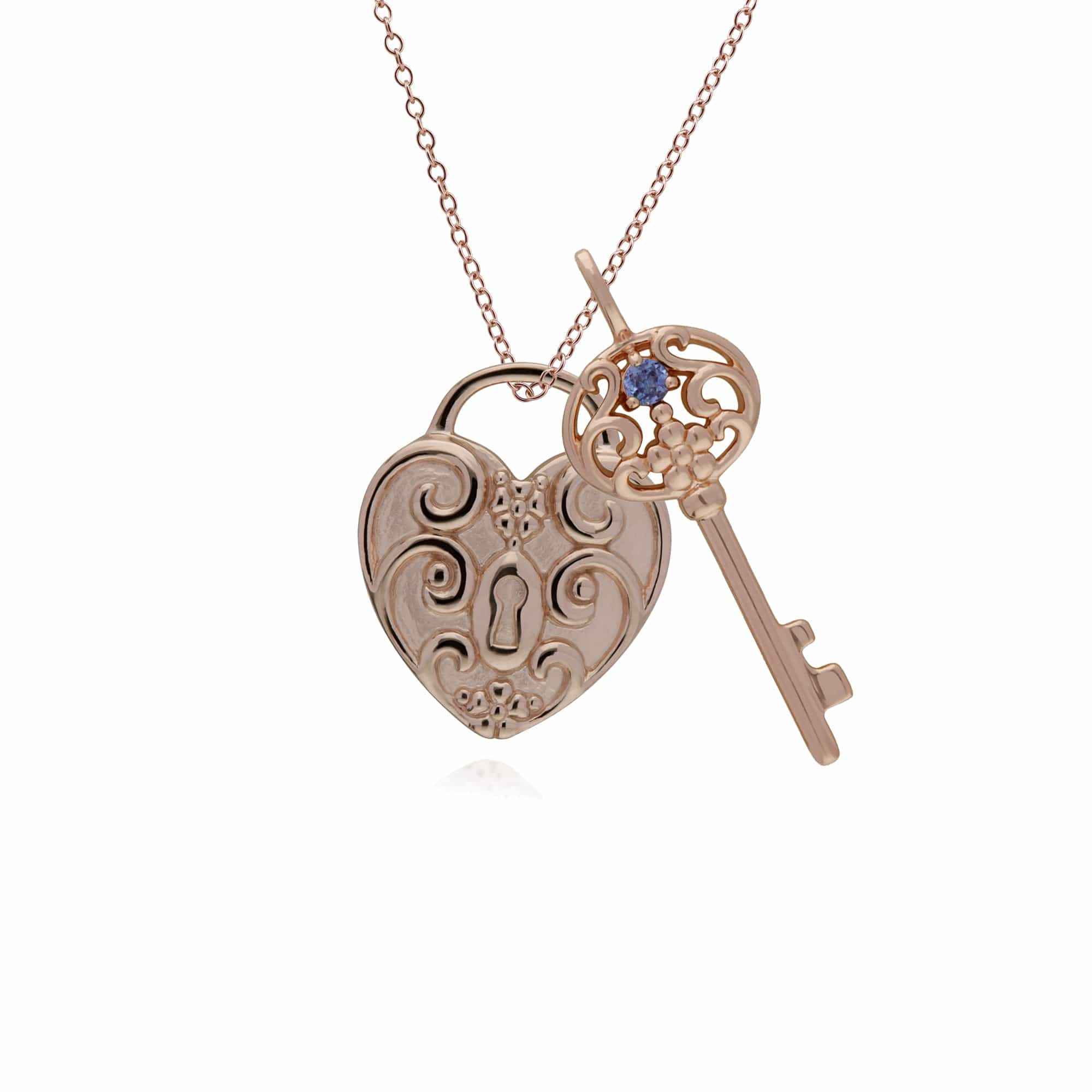 270P026709925-270P026501925 Classic Swirl Heart Lock Pendant & Tanzanite Big Key Charm in Rose Gold Plated 925 Sterling Silver 1