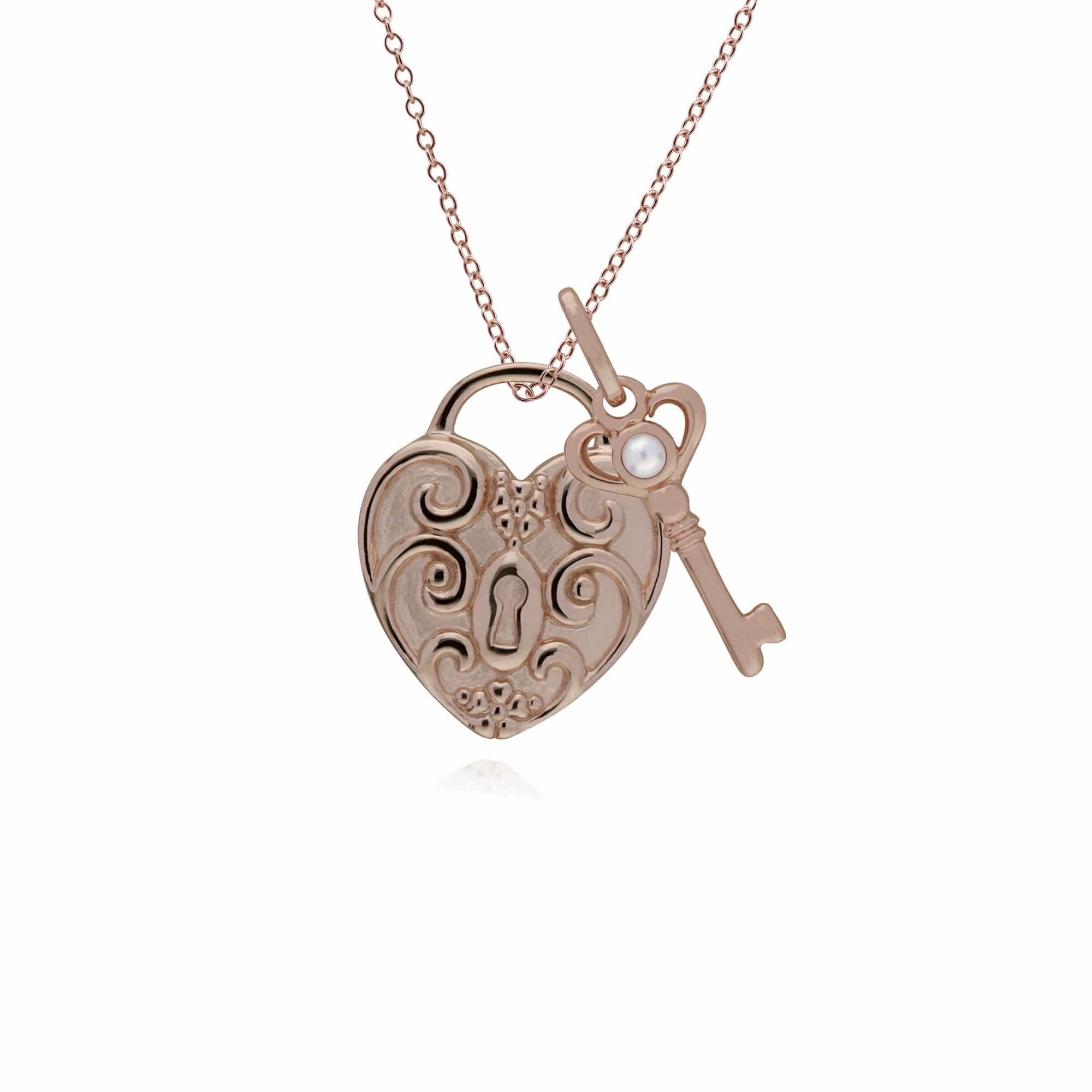 270P027101925-270P026501925 Classic Swirl Heart Lock Pendant & Pearl Key Charm in Rose Gold Plated 925 Sterling Silver 1