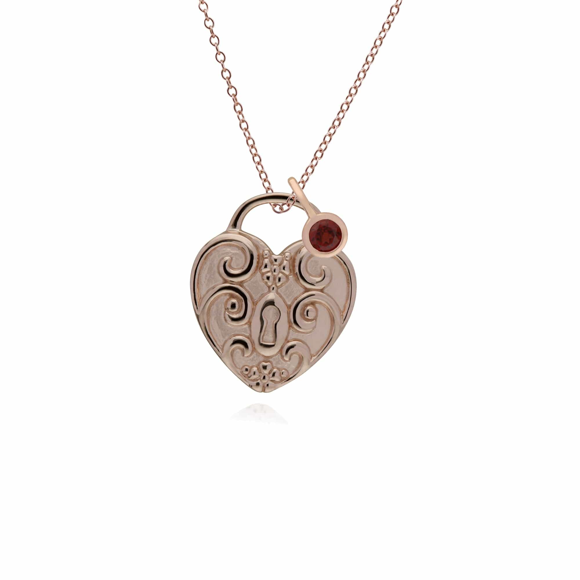 270P027304925-270P026501925 Classic Swirl Heart Lock Pendant & Garnet Charm in Rose Gold Plated 925 Sterling Silver 1