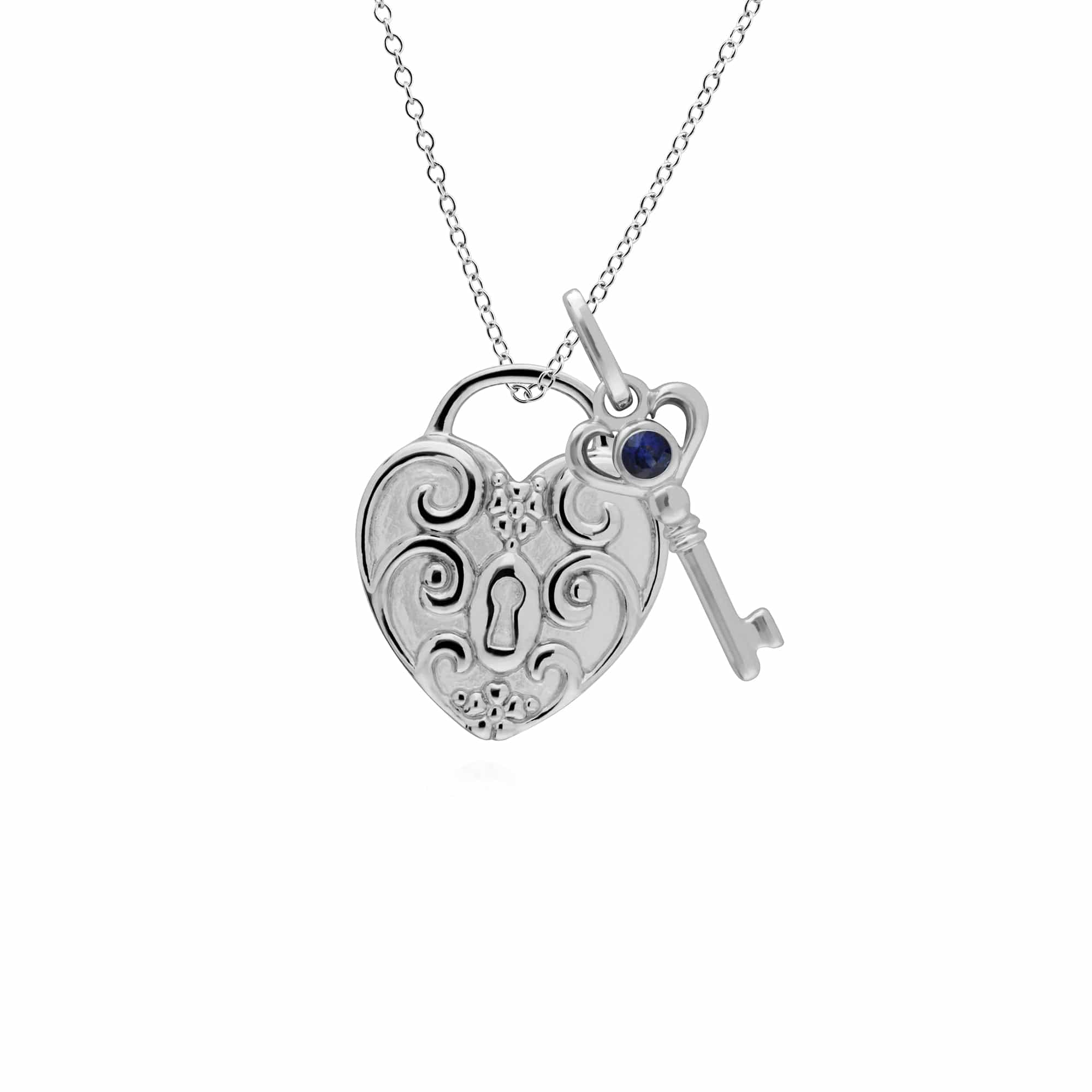 270P026403925-270P026601925 Classic Swirl Heart Lock Pendant & Sapphire Key Charm in 925 Sterling Silver 1