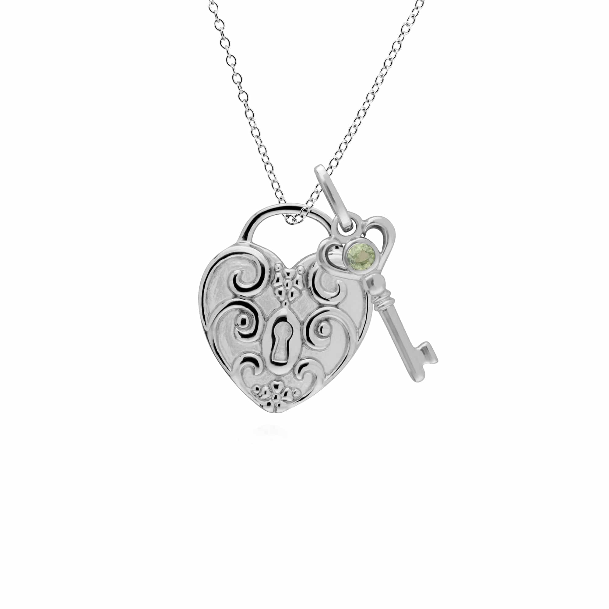 270P026407925-270P026601925 Classic Swirl Heart Lock Pendant & Peridot Key Charm in 925 Sterling Silver 1