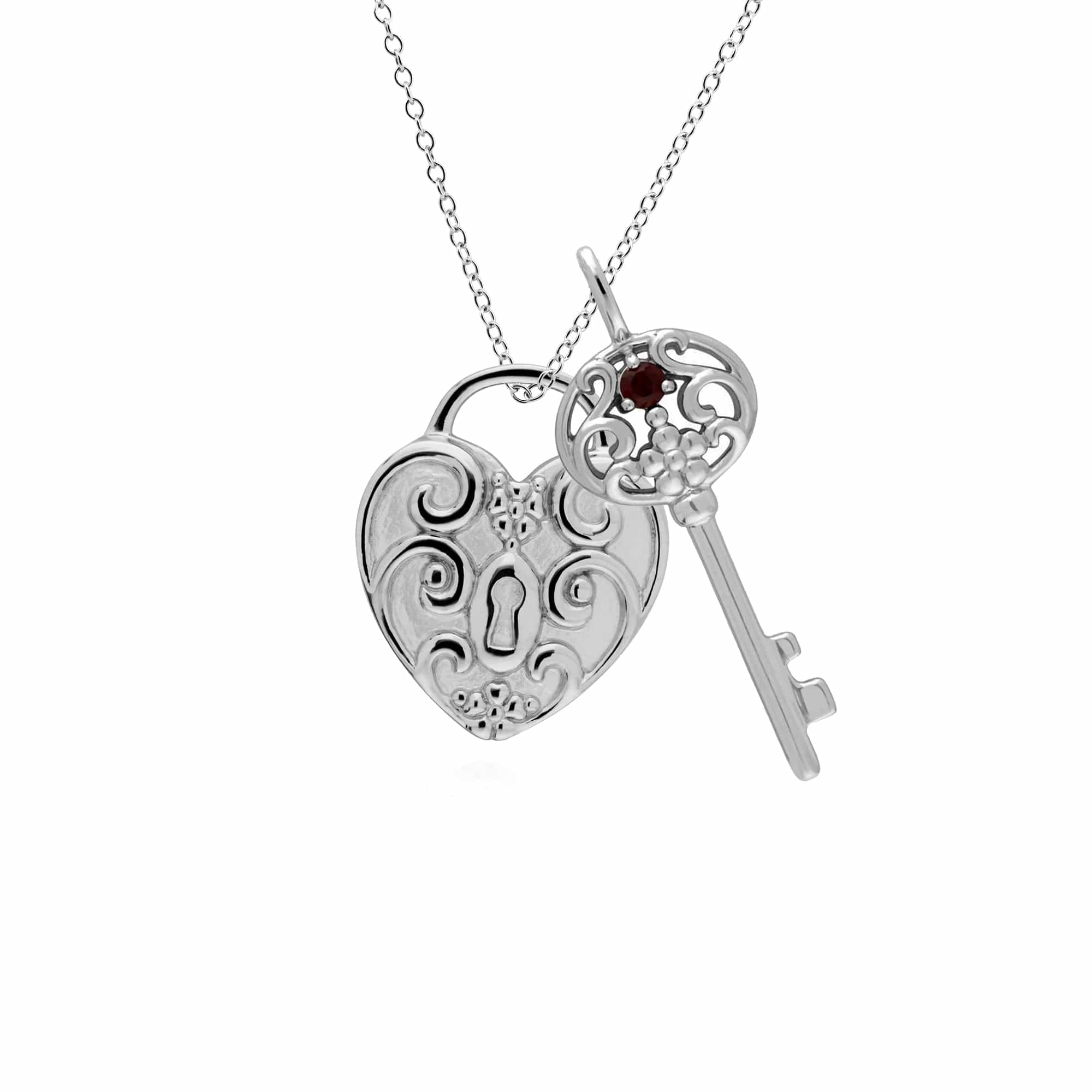 270P026801925-270P026601925 Classic Swirl Heart Lock Pendant & Garnet Big Key Charm in 925 Sterling Silver 1