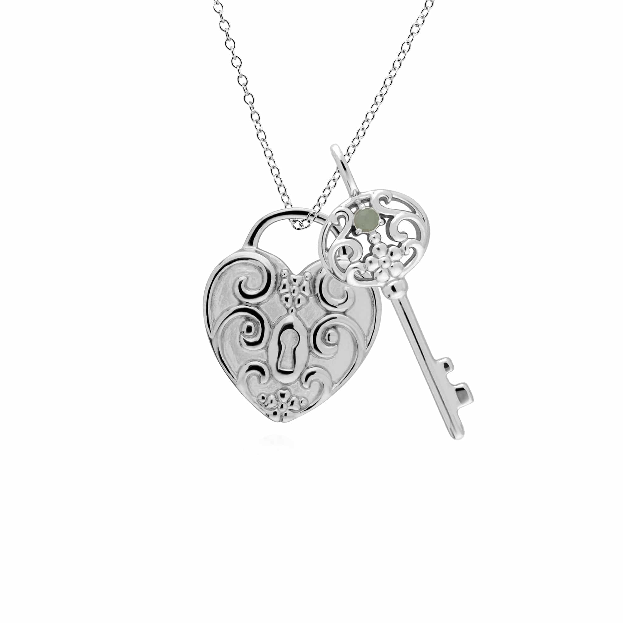 270P026802925-270P026601925 Classic Swirl Heart Lock Pendant & Jade Big Key Charm in 925 Sterling Silver 1
