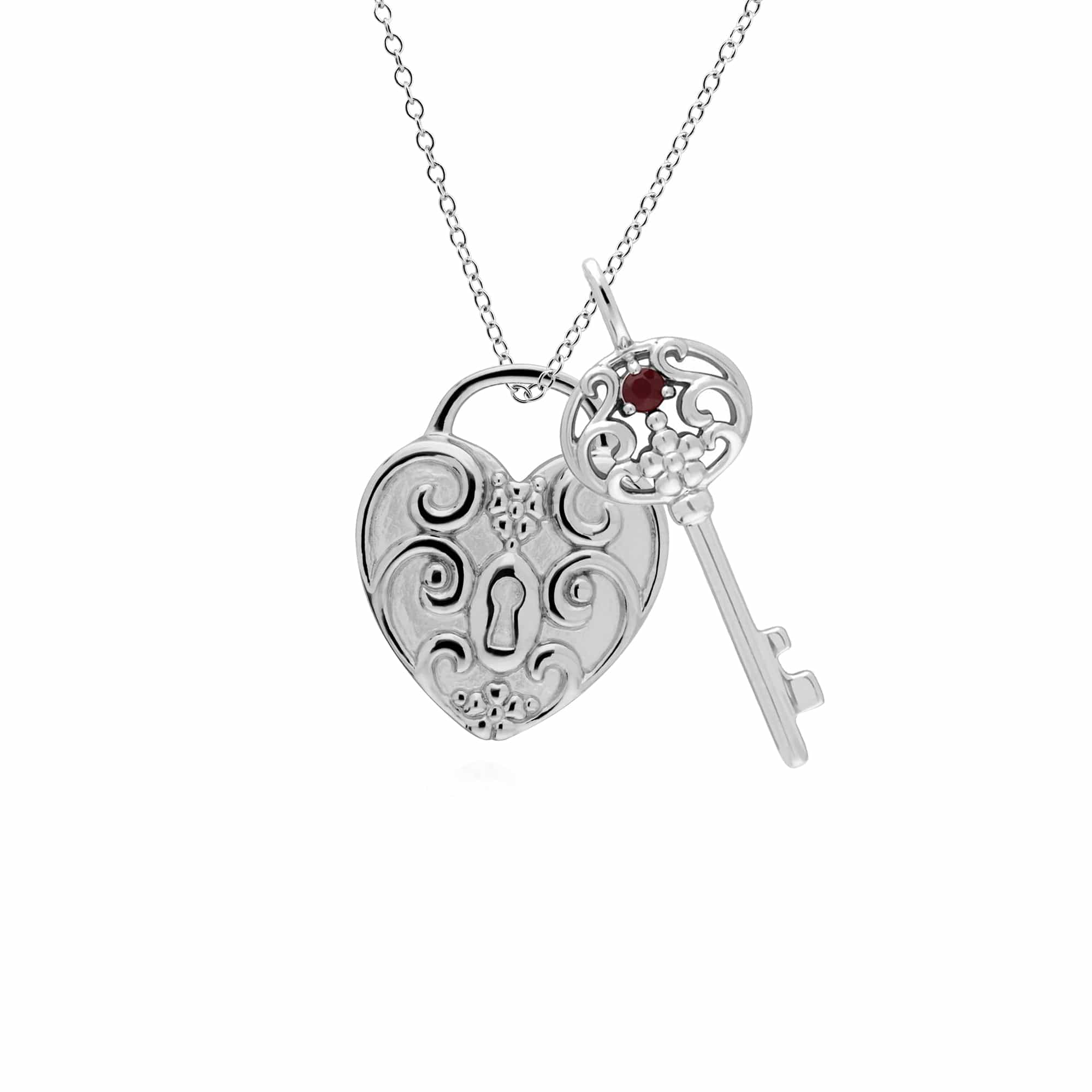 270P026806925-270P026601925 Classic Swirl Heart Lock Pendant & Ruby Big Key Charm in 925 Sterling Silver 1