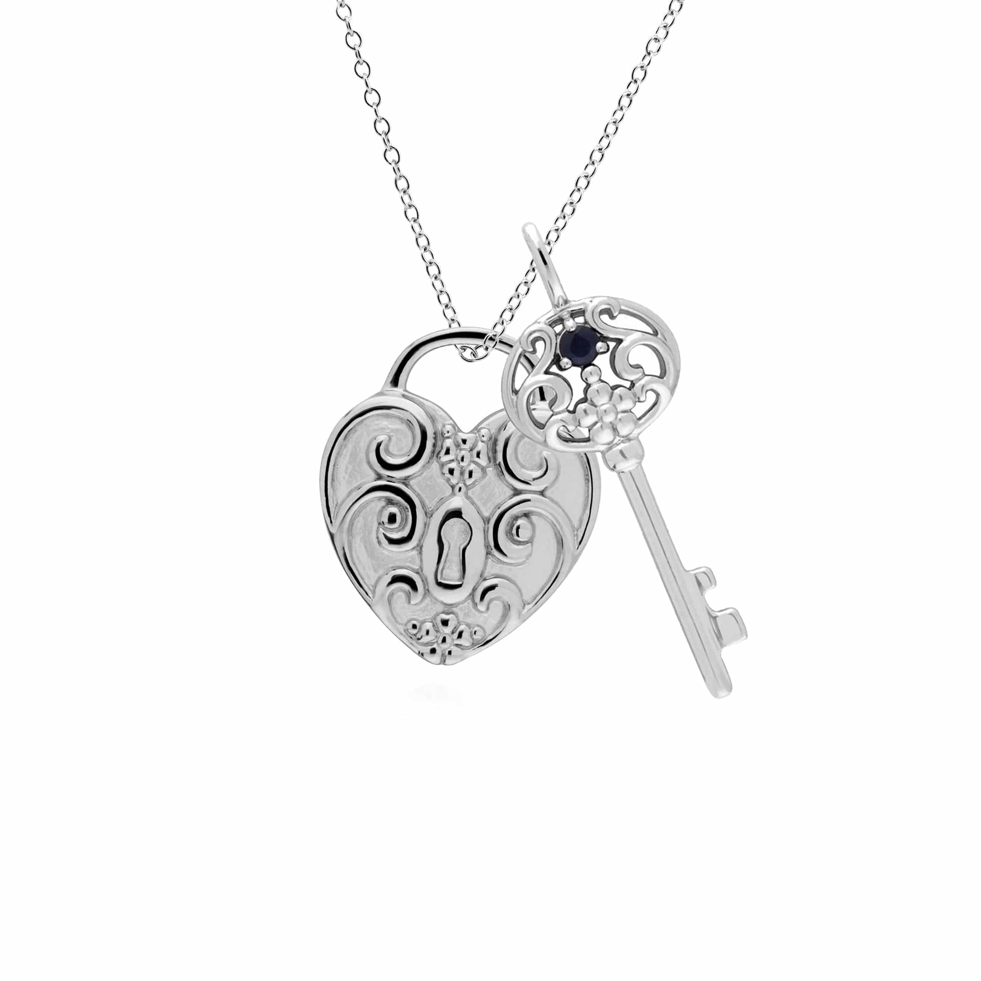 270P026810925-270P026601925 Classic Swirl Heart Lock Pendant & Sapphire Big Key Charm in 925 Sterling Silver 1