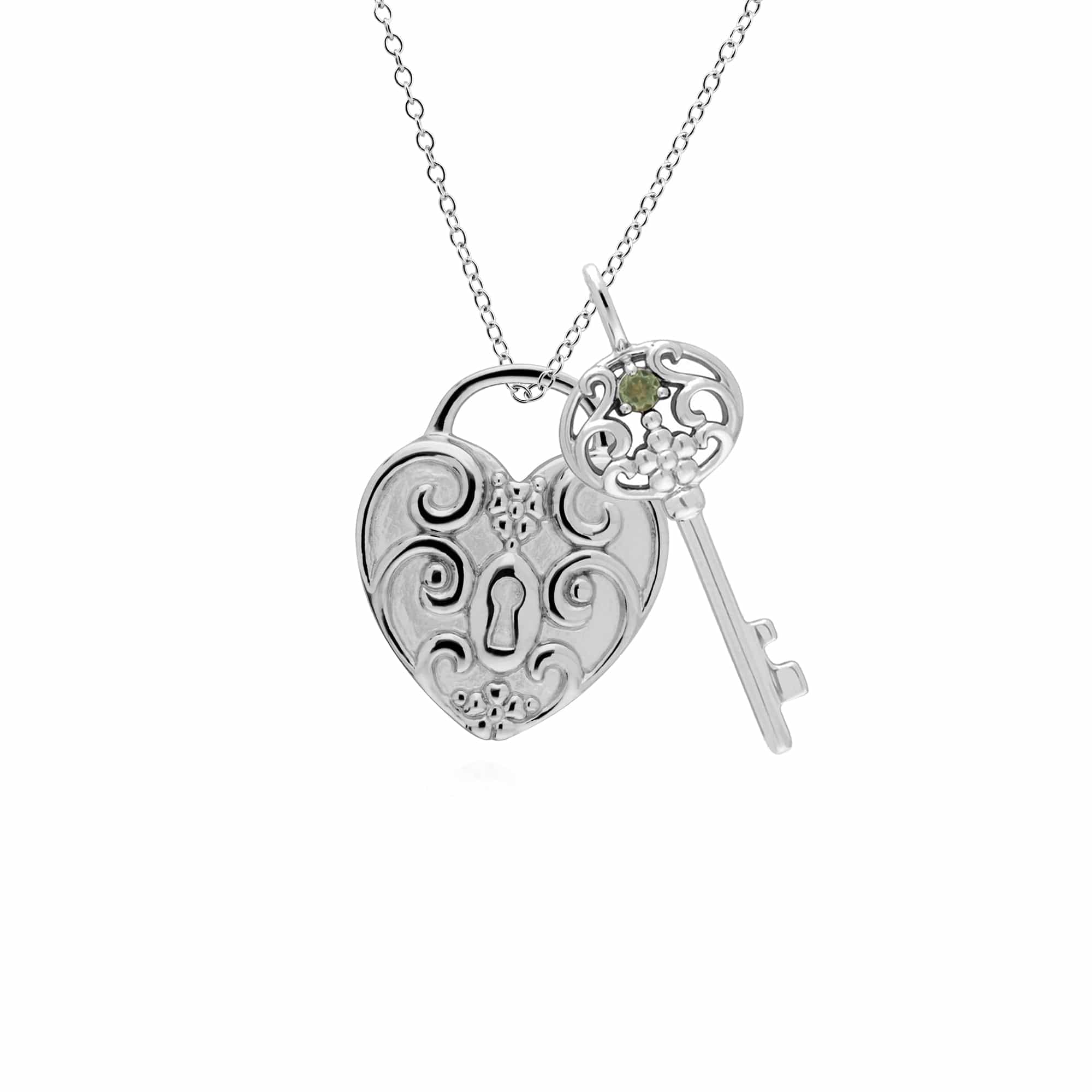 270P026811925-270P026601925 Classic Swirl Heart Lock Pendant & Peridot Big Key Charm in 925 Sterling Silver 1
