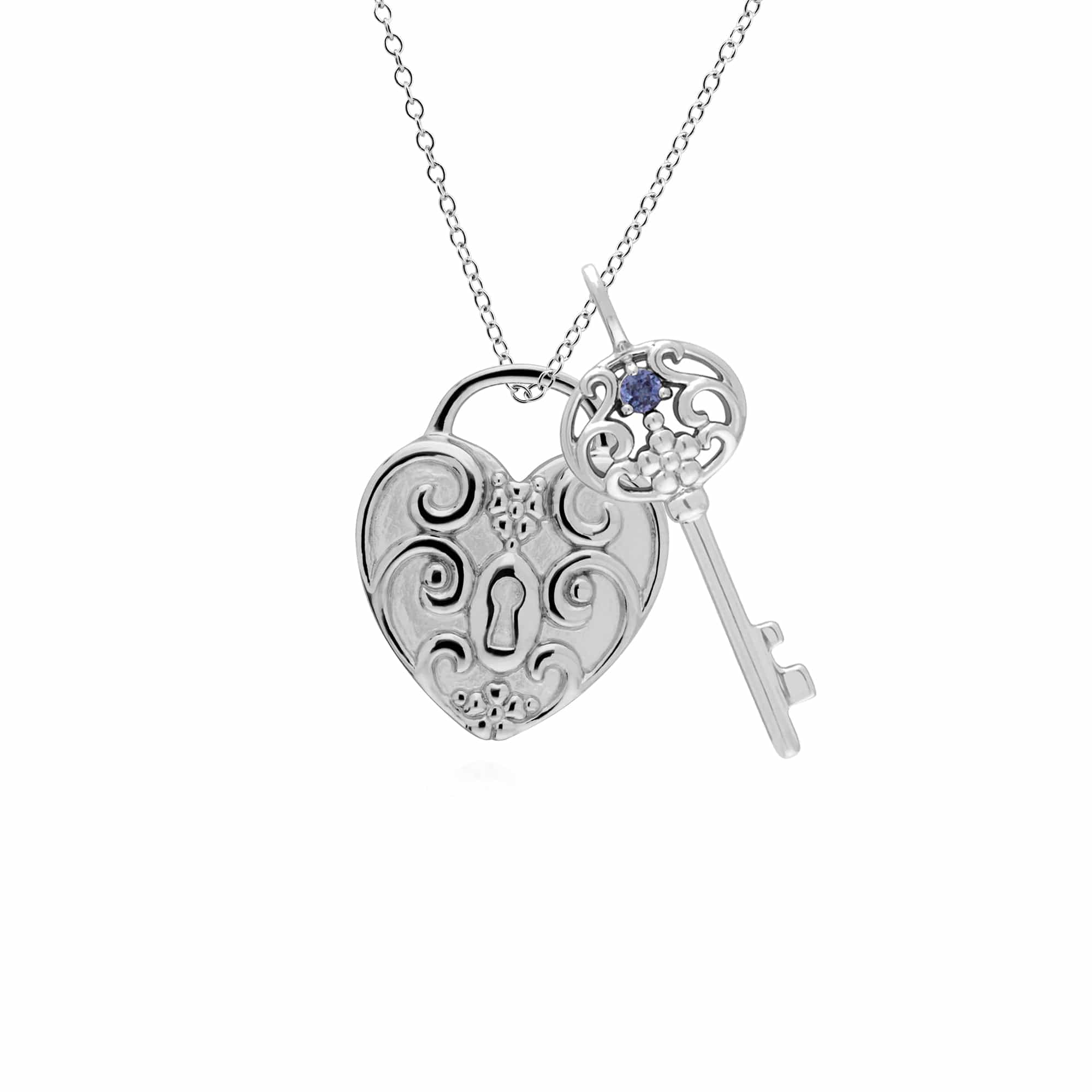 270P026812925-270P026601925 Classic Swirl Heart Lock Pendant & Tanzanite Big Key Charm in 925 Sterling Silver 1