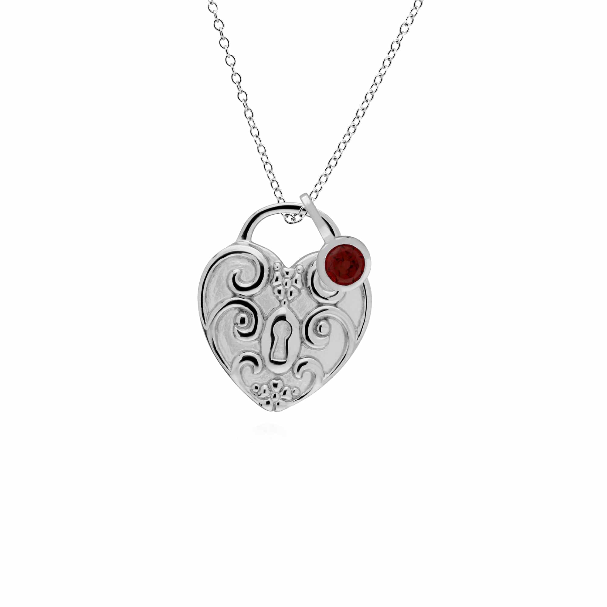 270P027604925-270P026601925 Classic Swirl Heart Lock Pendant & Garnet Charm in 925 Sterling Silver 1