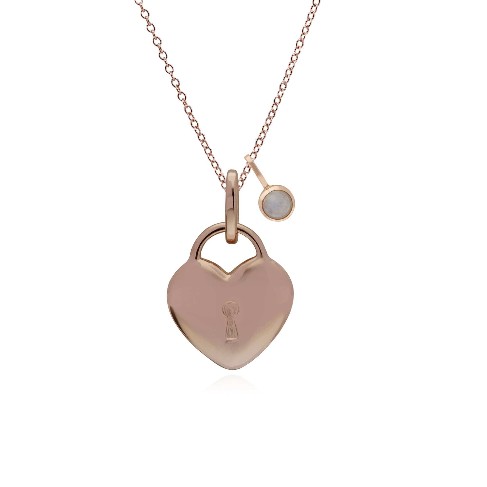 270P025902925-270P026501925 Classic Heart Lock Pendant & Rainbow Moonstone Charm in Rose Gold Plated 925 Sterling Silver 1
