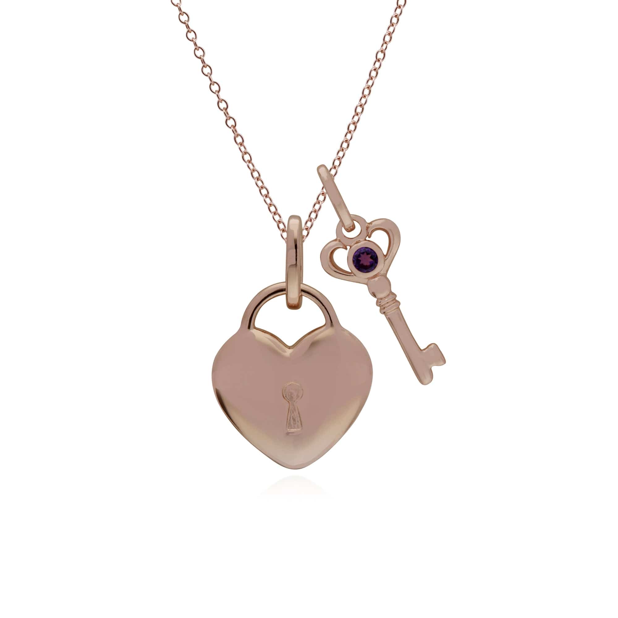 270P026304925-270P026901925 Classic Heart Lock Pendant & Amethyst Key Charm in Rose Gold Plated 925 Sterling Silver 1