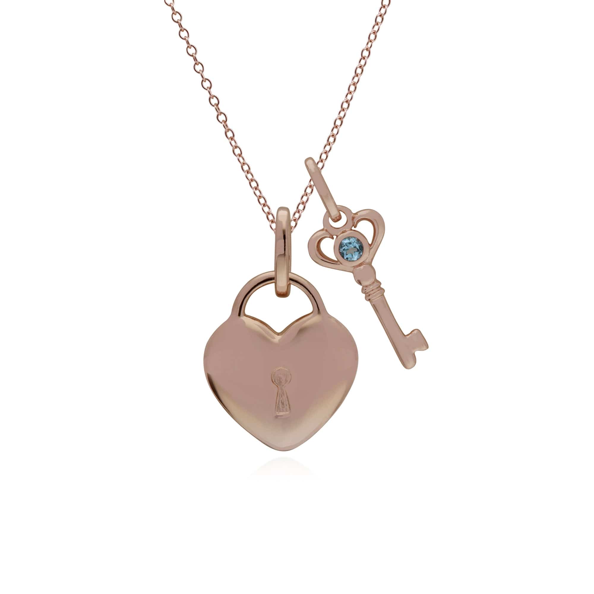 270P026305925-270P026901925 Classic Heart Lock Pendant & Blue Topaz Key Charm in Rose Gold Plated 925 Sterling Silver 1