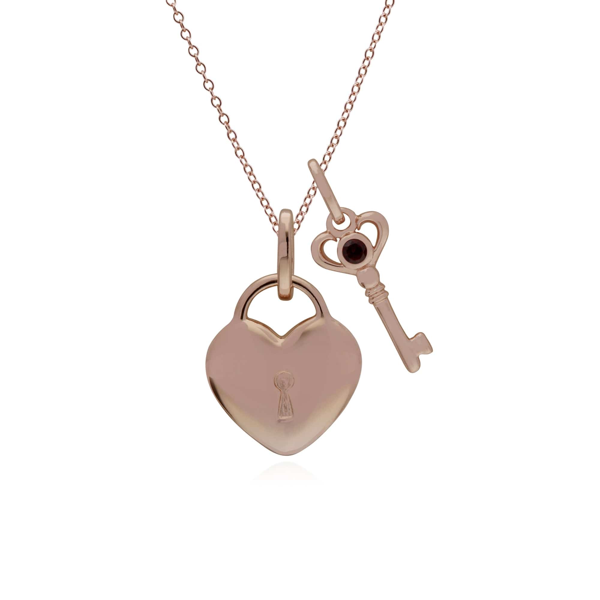 270P026306925-270P026901925 Classic Heart Lock Pendant & Garnet Key Charm in Rose Gold Plated 925 Sterling Silver 1