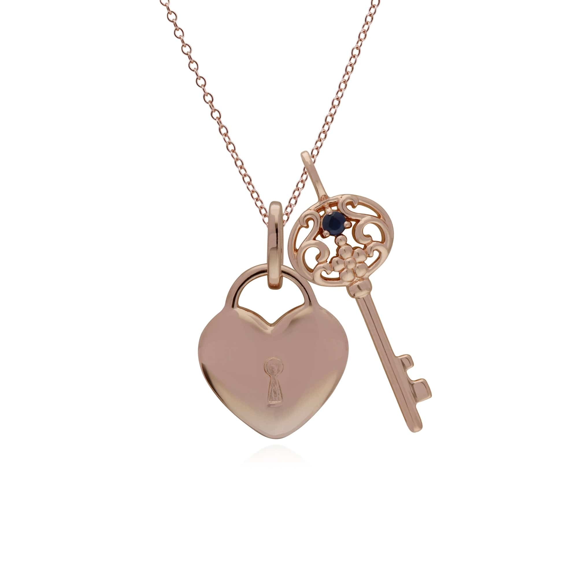 270P026701925-270P026901925 Classic Heart Lock Pendant & Sapphire Big Key Charm in Rose Gold Plated 925 Sterling Silver 1