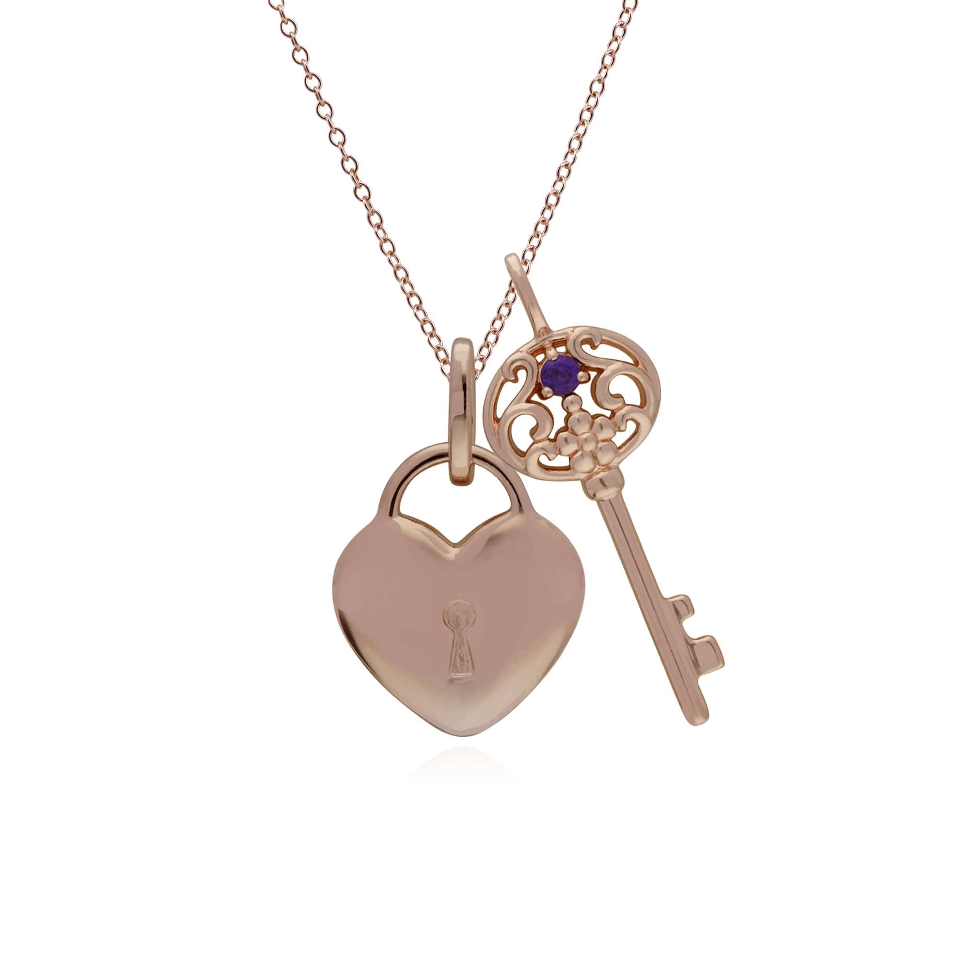 270P026705925-270P026901925 Classic Heart Lock Pendant & Amethyst Big Key Charm in Rose Gold Plated 925 Sterling Silver 1